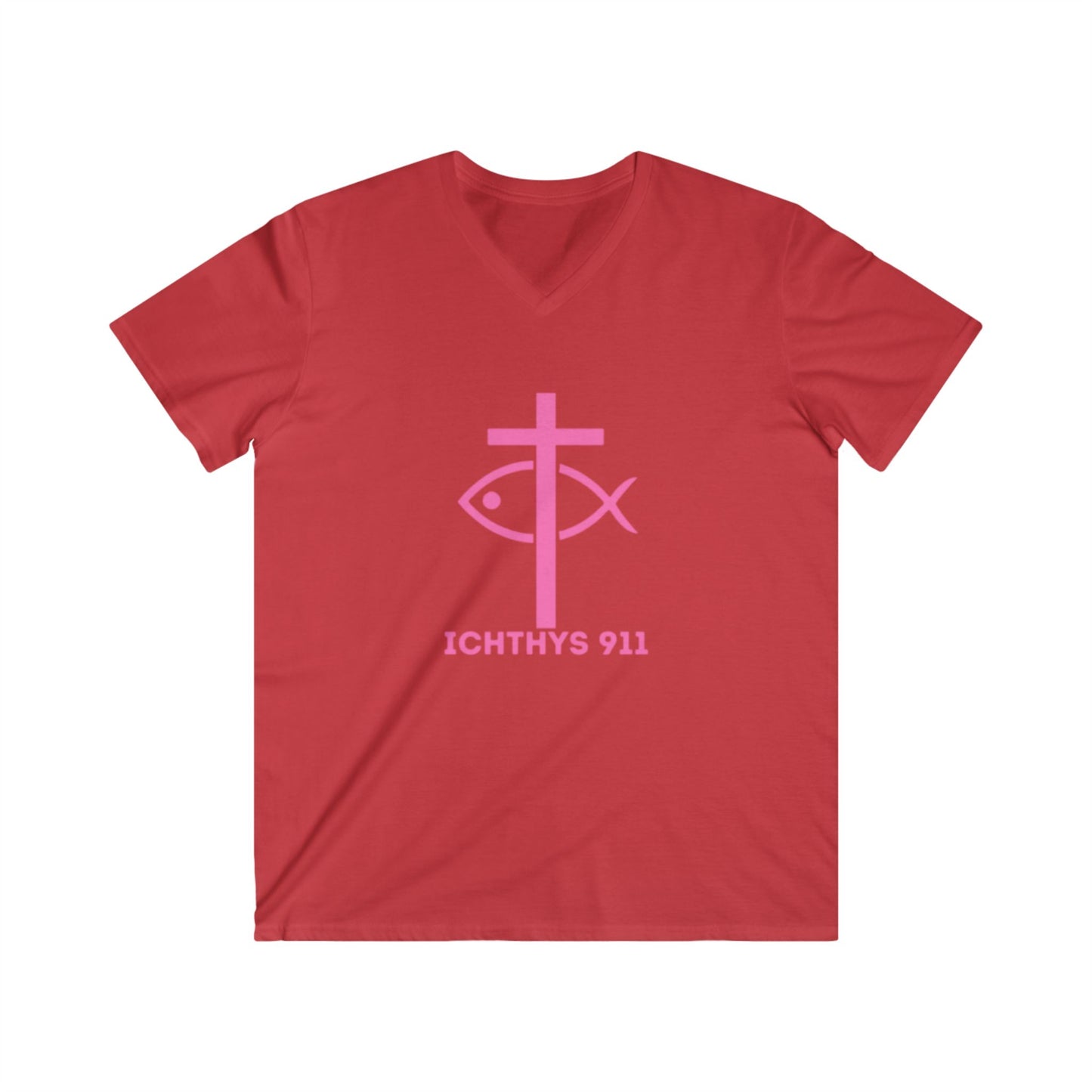 ICHTHYS 911 - Featuring "13th Disciple" Collection - Men's Fitted V-Neck Short Sleeve T - Shirt - W/O IC 911 on Back - Faith-Inspired - Christian Faith - Pink Font