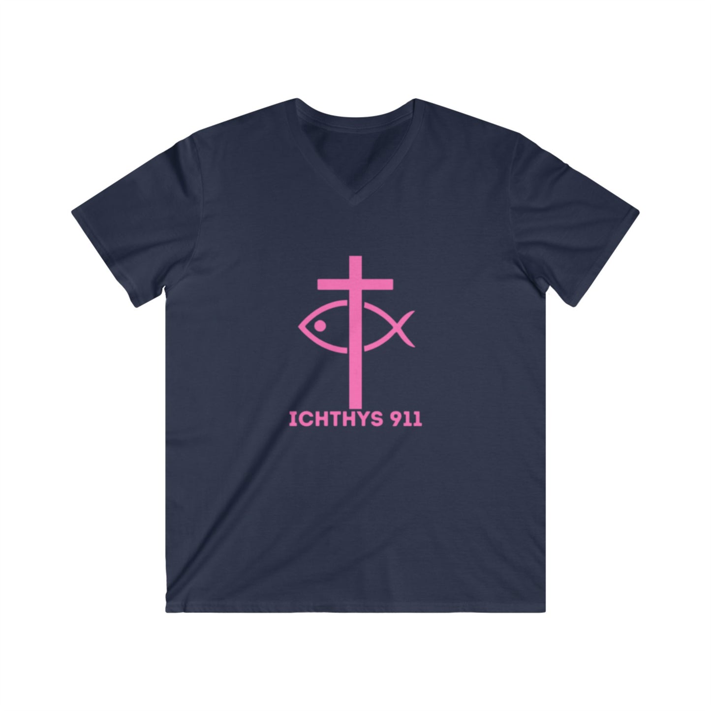ICHTHYS 911 - Featuring "13th Disciple" Collection - Men's Fitted V-Neck Short Sleeve T - Shirt - W/O IC 911 on Back - Faith-Inspired - Christian Faith - Pink Font