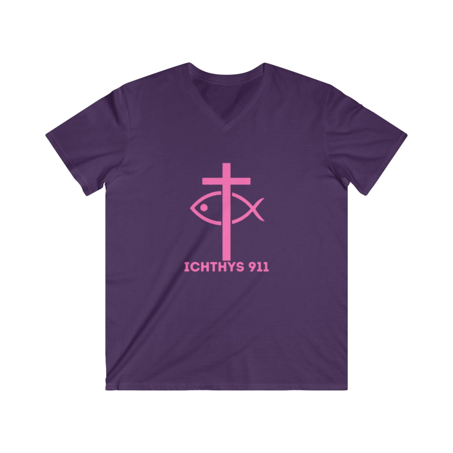 ICHTHYS 911 - Featuring "13th Disciple" Collection - Men's Fitted V-Neck Short Sleeve T - Shirt - W/O IC 911 on Back - Faith-Inspired - Christian Faith - Pink Font