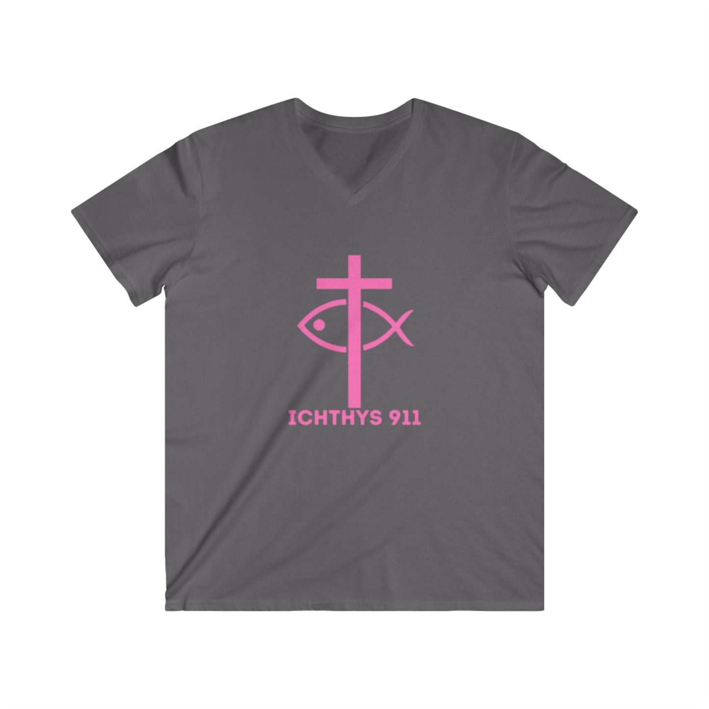 ICHTHYS 911 - Featuring "13th Disciple" Collection - Men's Fitted V-Neck Short Sleeve T - Shirt - W/O IC 911 on Back - Faith-Inspired - Christian Faith - Pink Font
