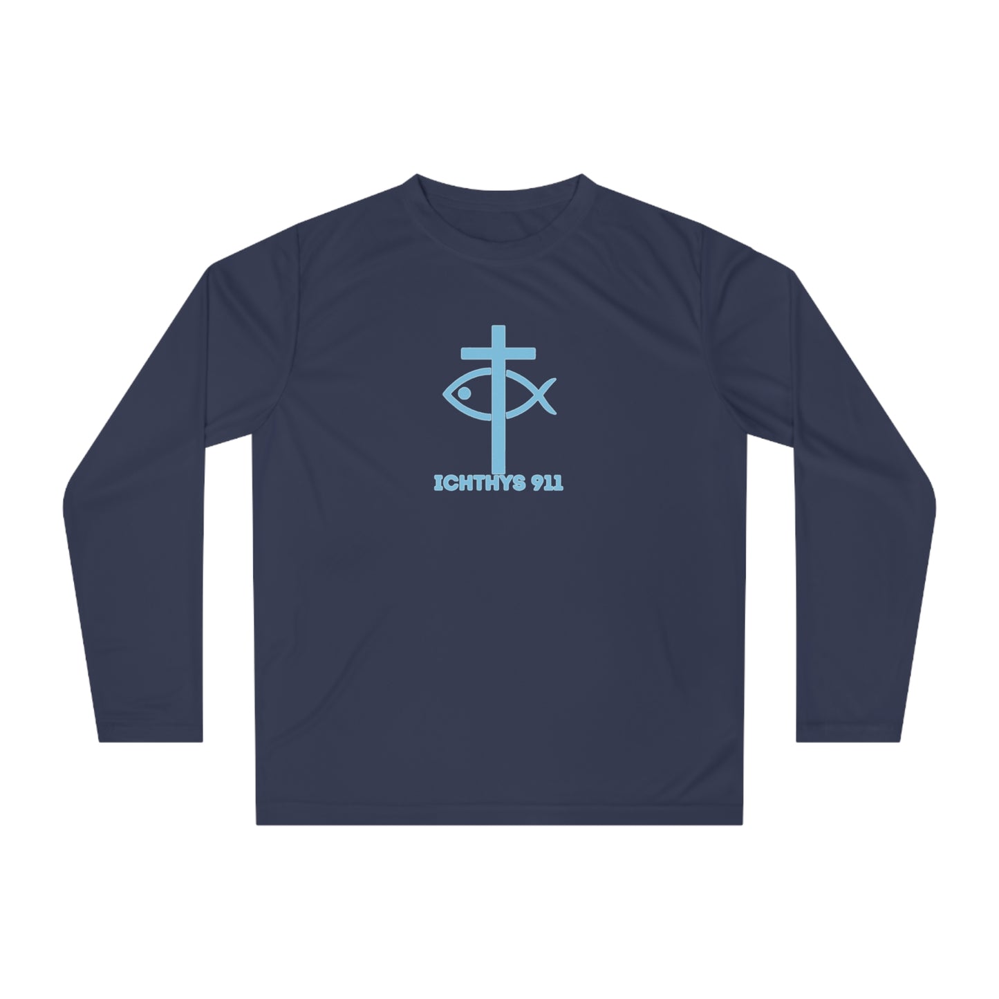ICHTHYS 911 "Strength Through Christ Philippians 4:13" - Blue Font - Unisex Performance Long Sleeve Shirt - Men - Women - 100% Moisture-Wicking Poly - Christian Activewear