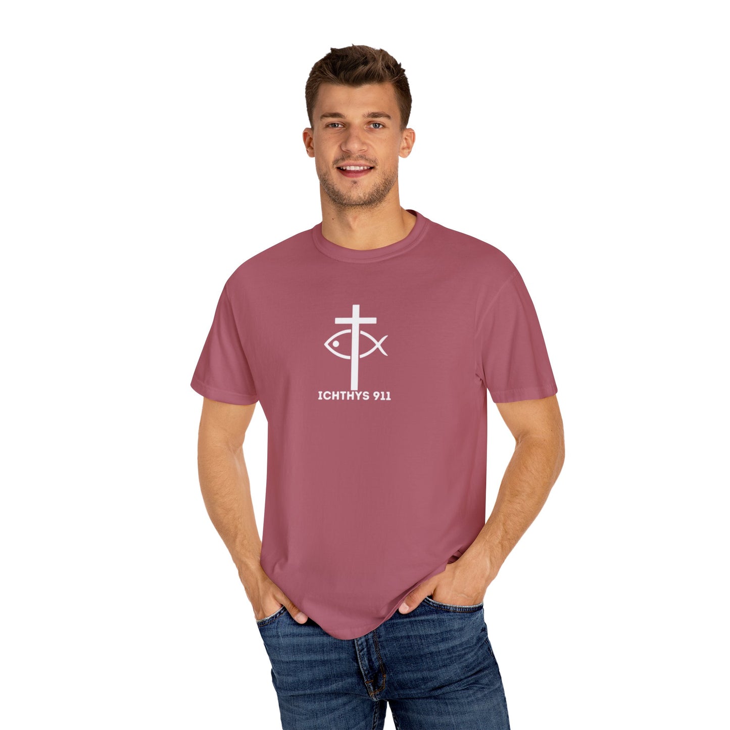 ICHTHYS 911 - White Font "Faith, Hope, & Love" - Garment Dyed - 100% US Cotton - Unisex T-Shirt - Men T-Shirt - Christian Women Tee - Faith-Inspired Shirt - Christian Fashion - Wear Your