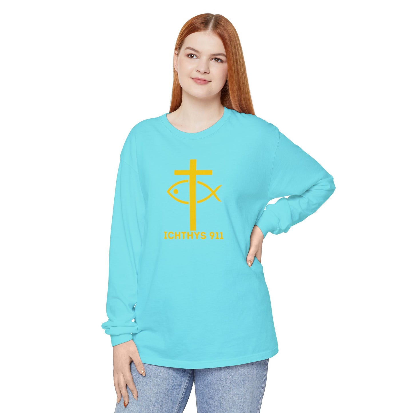 Authentic ICHTHYS 911 Collection -  Gold Font - Unisex Garment Dyed Long Sleeve T-Shirt - Men Long Sleeve - Women Long Sleeve - Christian Faith Symbol Tee - Faith Inspired