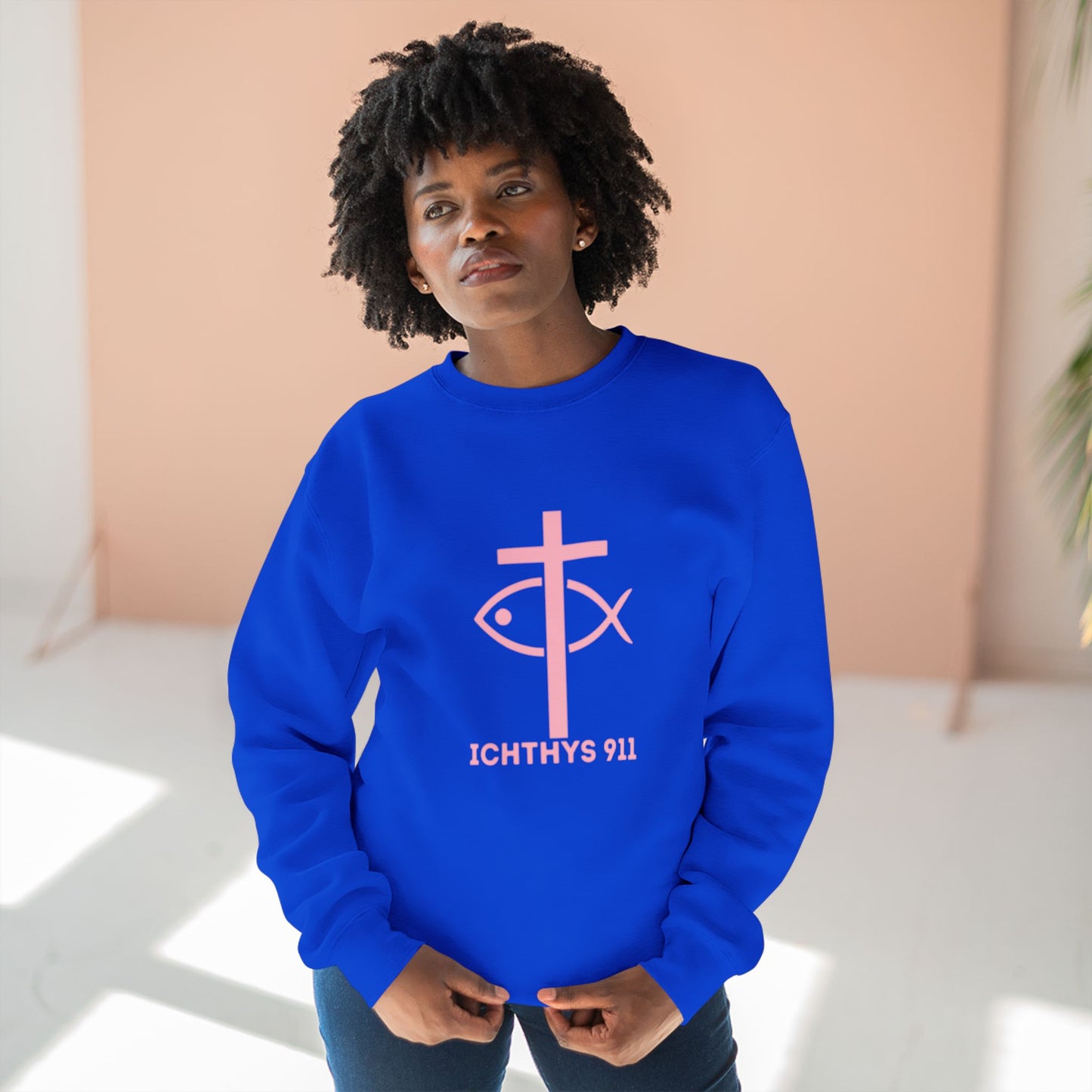 ICHTHYS 911 Minimal Pink Cross Crewneck Sweatshirt — Unisex -