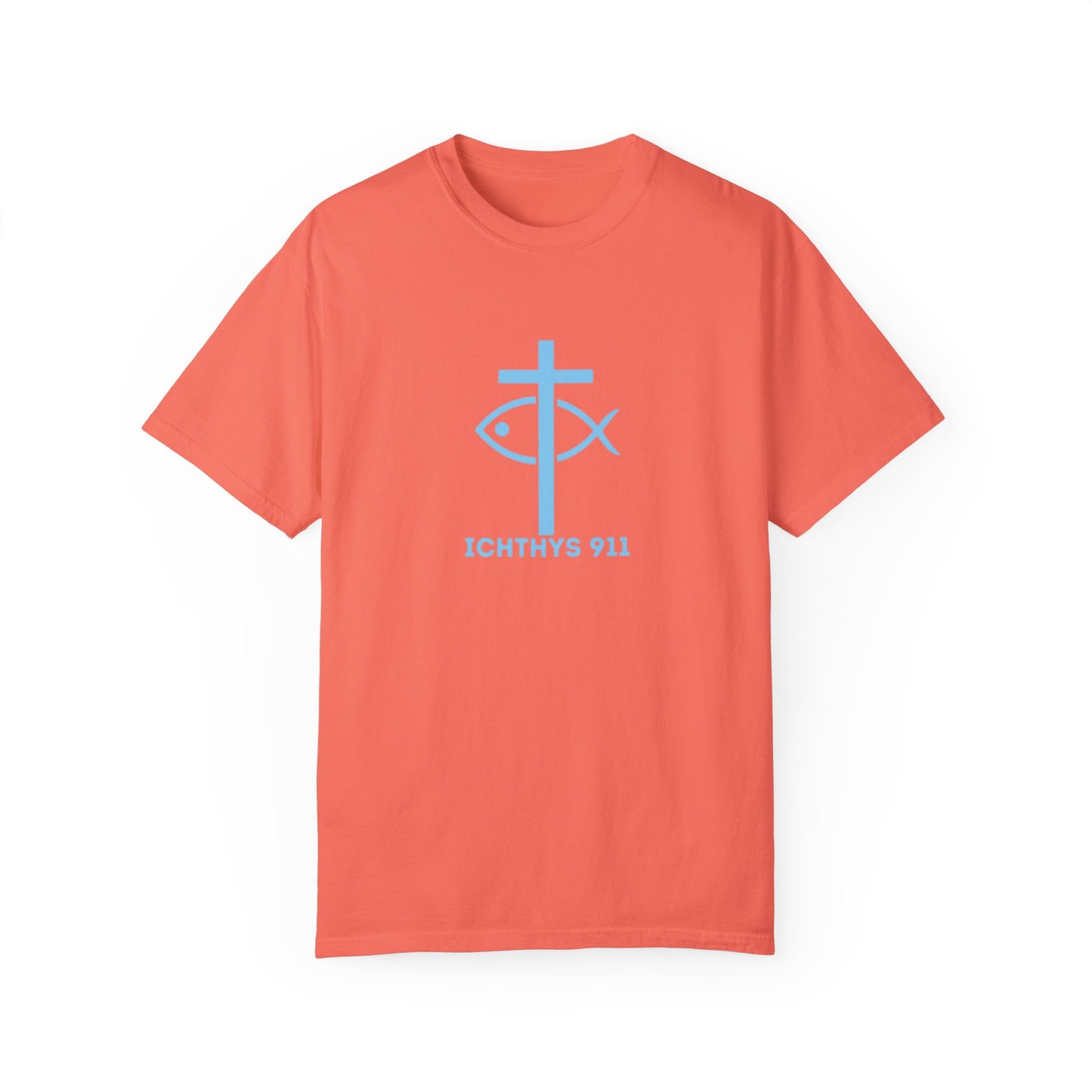 ICHTHYS 911 - Authentic - Christian Streetwear T-Shirt – Jesus Gym & Faith Fashion, Unisex Garment-Dyed T-Shirt Blue Font