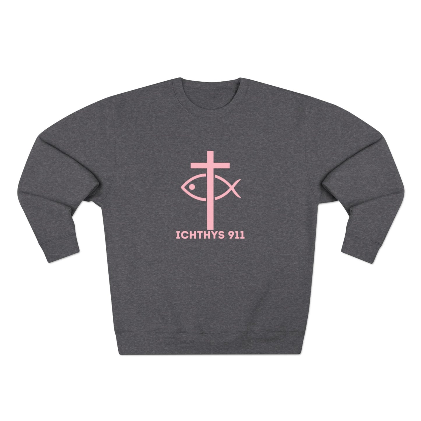 ICHTHYS 911 Minimal Pink Cross Crewneck Sweatshirt — Unisex -