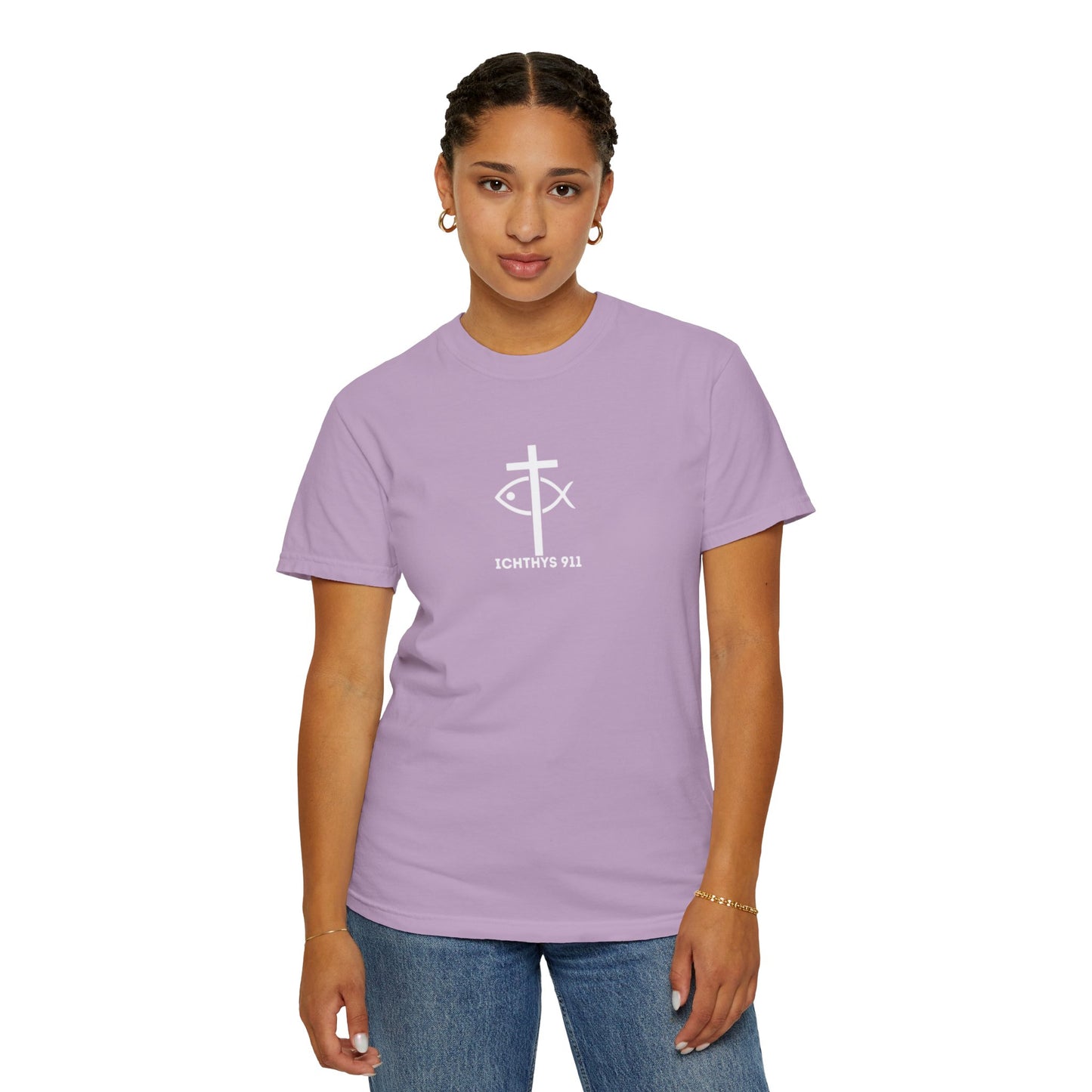 ICHTHYS 911 - White Font "Faith, Hope, & Love" - Garment Dyed - 100% US Cotton - Unisex T-Shirt - Men T-Shirt - Christian Women Tee - Faith-Inspired Shirt - Christian Fashion - Wear Your Faith - Additional Colors