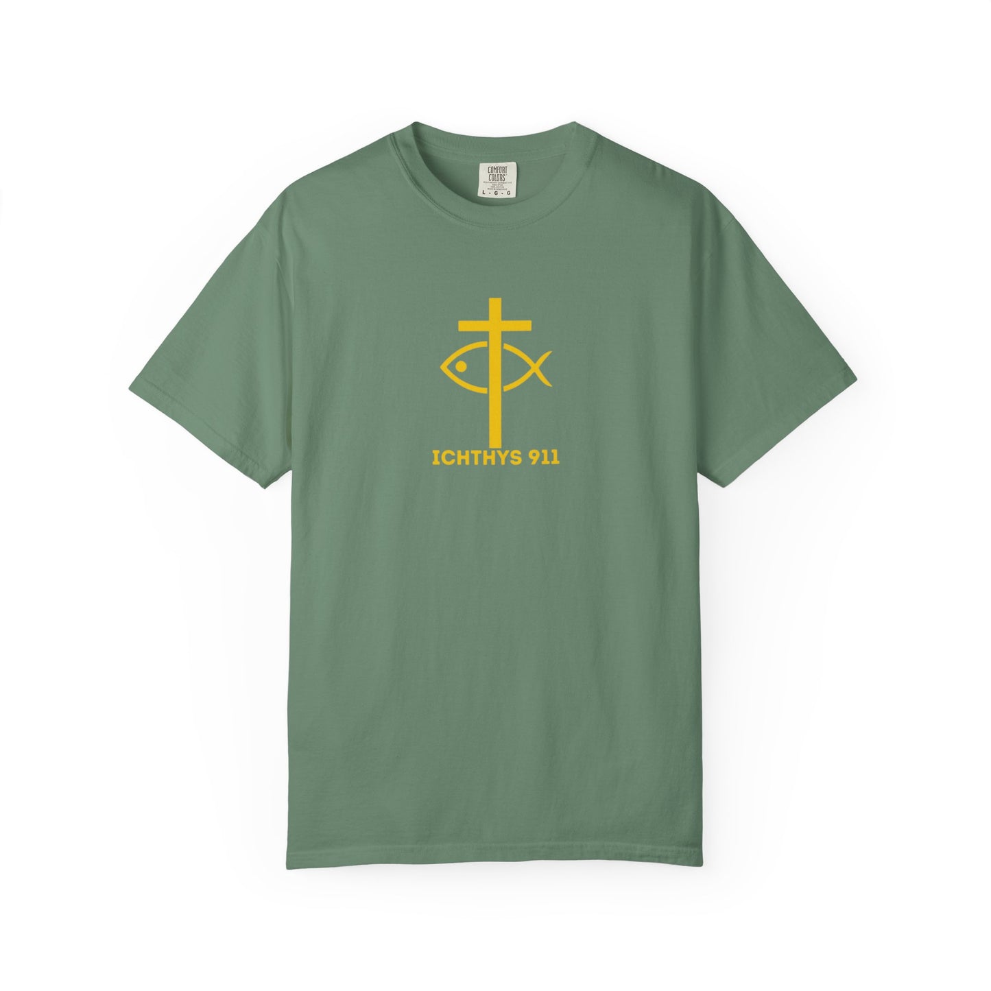 ICHTHYS 911 - "God Sees the Heart" Reverse' Gold Font - Unisex Garment - Dyed T-Shirt - 100% US Cotton - Men T-Shirt - Women T-Shirt - Inspirational Graphic T-Shirt for Everyday Motivation