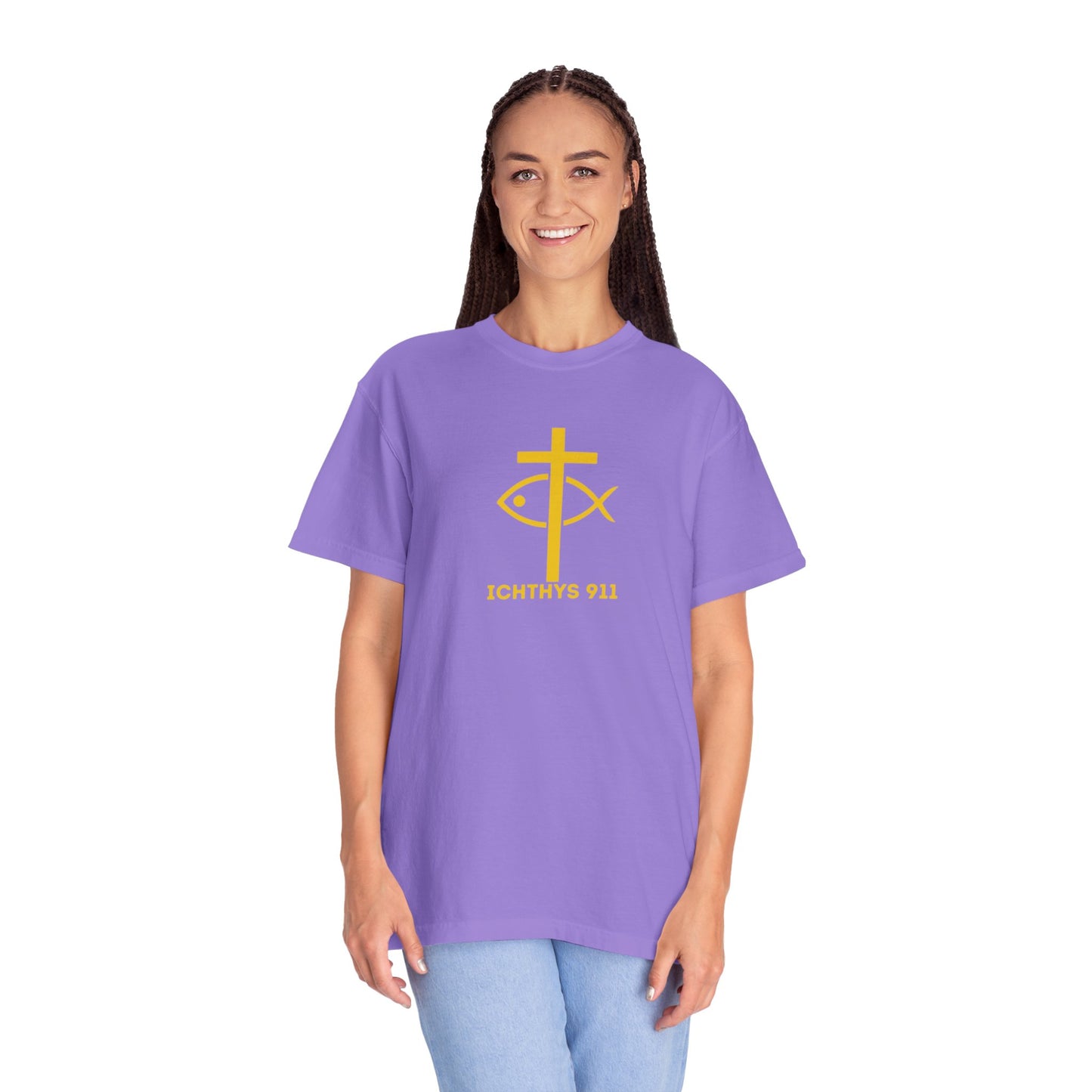 ICHTHYS 911 Gold Font "Faith, Hope, & Love" - Unisex Garment Dyed T-Shirt - 100# US Cotton - Men T-Shirt - Women T-Shirt - Christian T- Shirt -Faith-Inspired Shirt - Christian Fashion - Wear Your Faith
