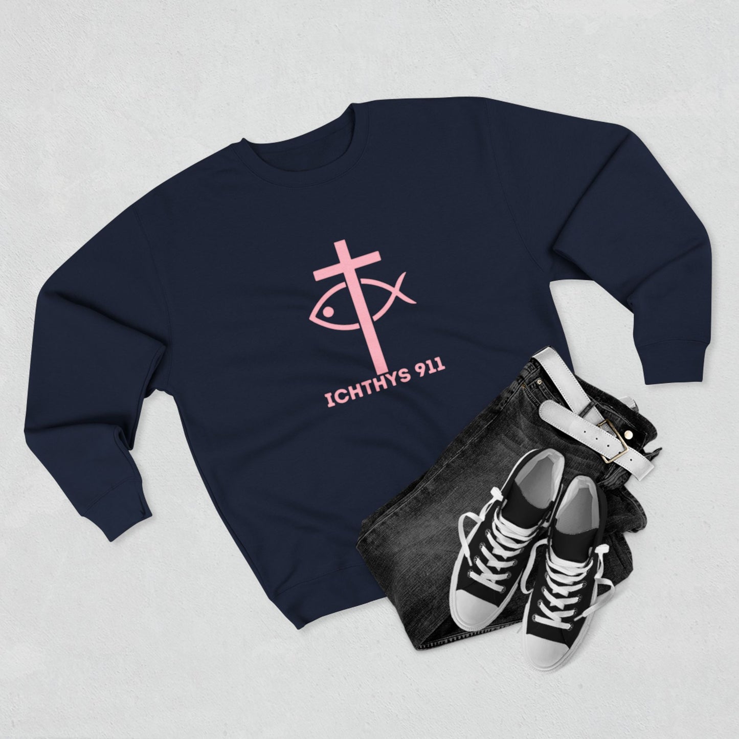 ICHTHYS 911 Minimal Pink Cross Crewneck Sweatshirt — Unisex -