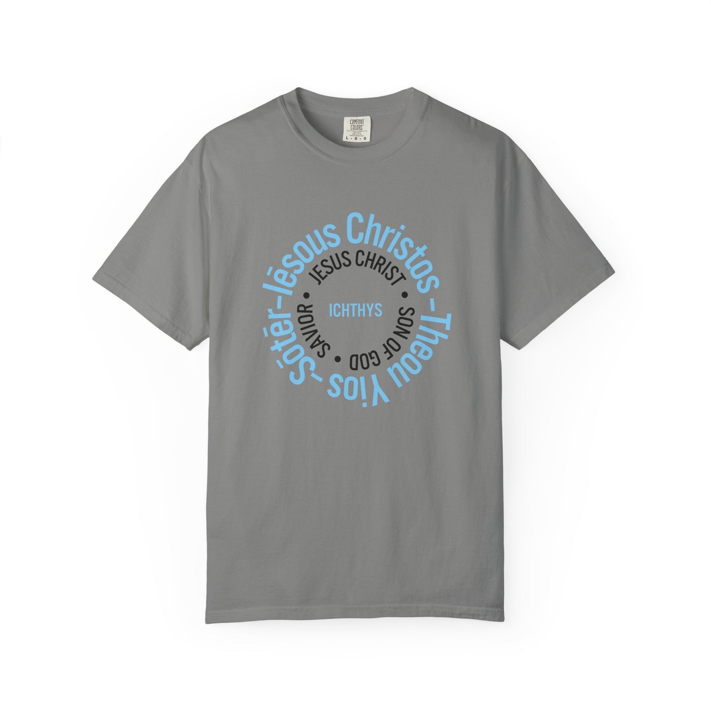 ICHTHYS 911 Blue & Black Font "Iēsous Christos, Theou Yios, Sōtēr" - Collection - Reverse Design - Unisex Garment Dyed - 100% US Cotton - Christian Graphic Tee - Gym - T - Christian Faith - Jesus Wear - Women T-Shirt - Men T-Shirt