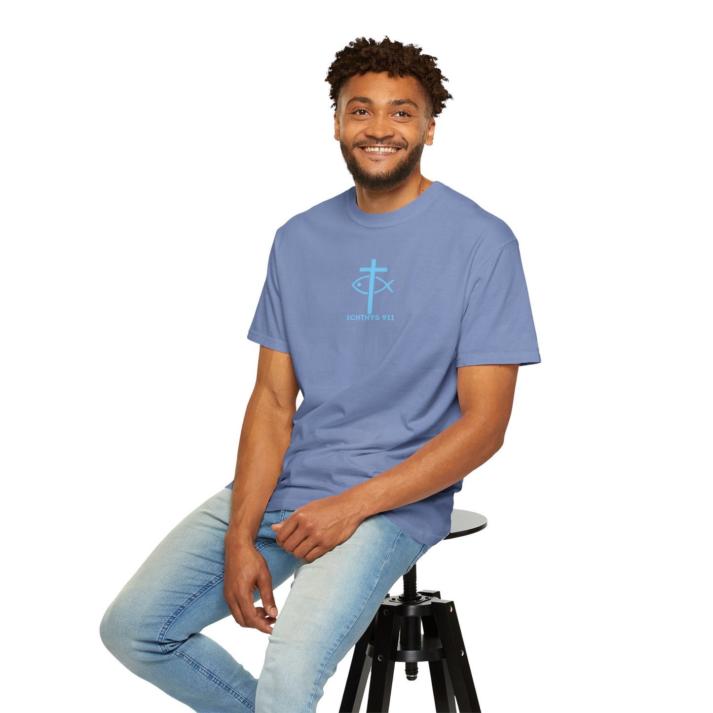 ICHTHYS 911 - "Jesus Christ Son of God Savior" Blue Font - Additional Colors - Christian Streetwear T-Shirt – Jesus Gym & Faith Fashion, Unisex Garment-Dyed T-Shirt Blue Font