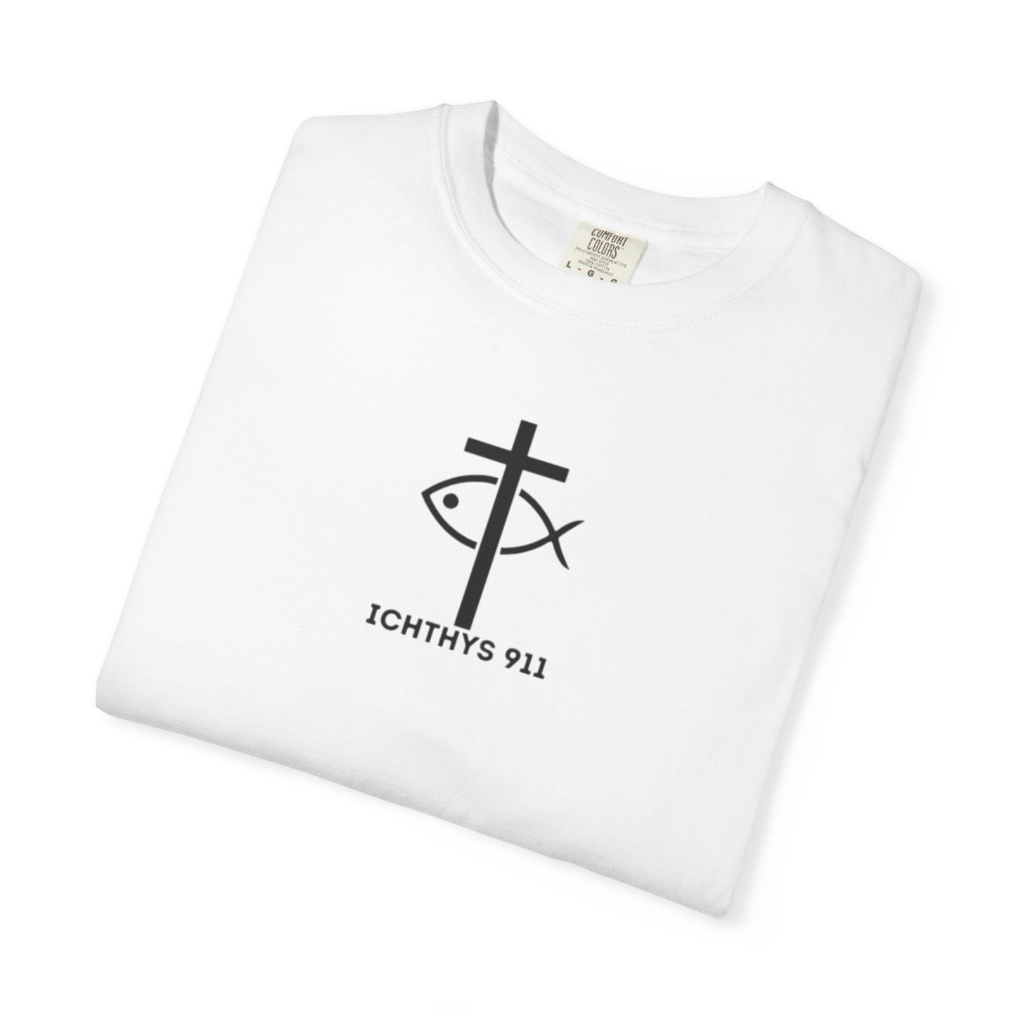 ICHTHYS 911 Black Font - "Run With Endurance Hebrews 12:1" - Unisex Garment Dyed T-Shirt -100% US Cotton - Men T-Shirt - Women T-Shirt - Bible Verse - Christian Faith - Christian Workout