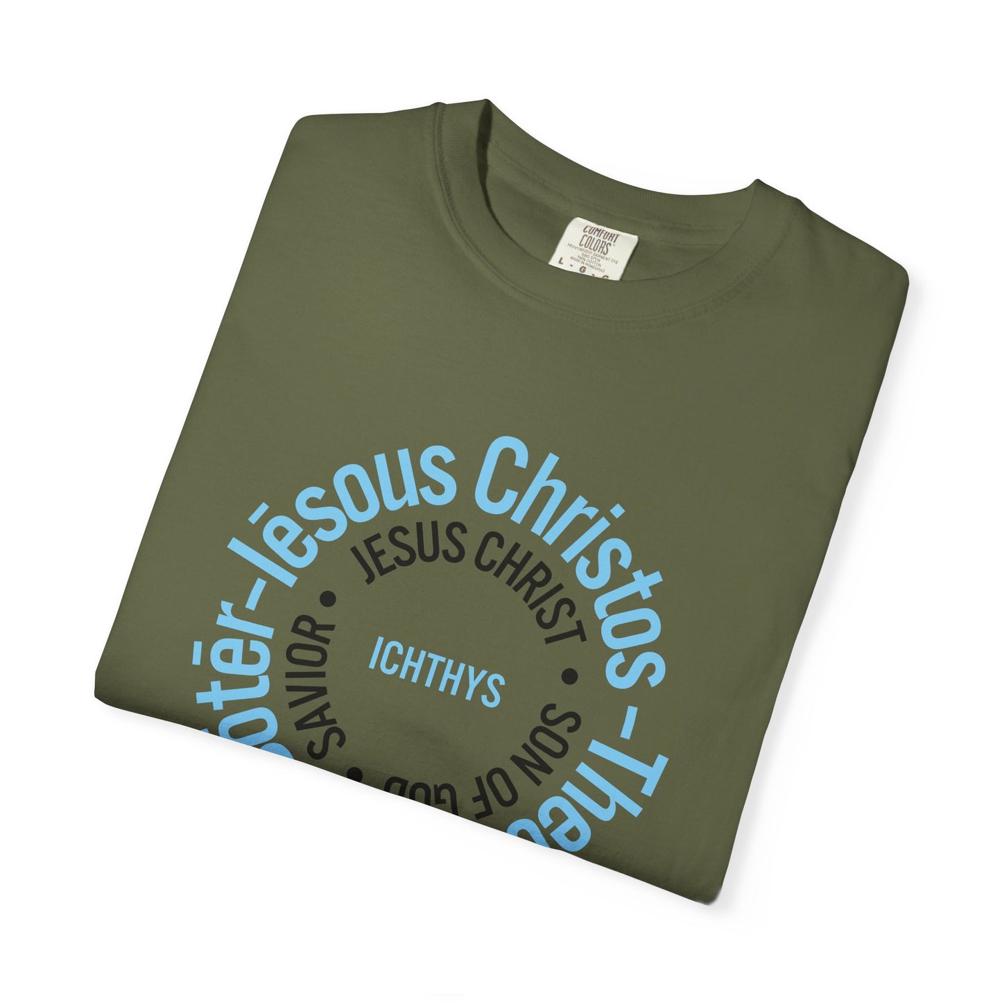 ICHTHYS 911 Blue & Black Font "Iēsous Christos, Theou Yios, Sōtēr" - Collection - Reverse Design - Unisex Garment Dyed - 100% US Cotton - Christian Graphic Tee - Gym - T - Christian Faith - Jesus Wear - Women T-Shirt - Men T-Shirt