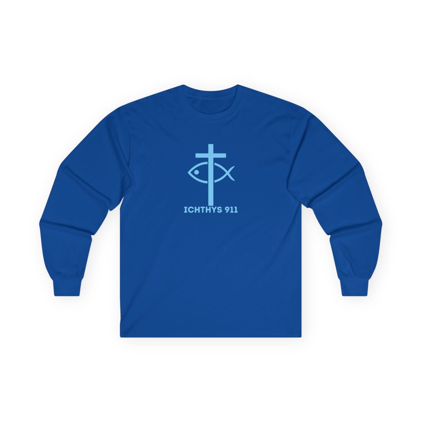 Strength Through Christ Philippians 4:13 - Blue Font - Unisex Shirt - Men - Women - Christian Activewear - Wear Your Faith Long Sleeve Tee - ICHTHYS 911