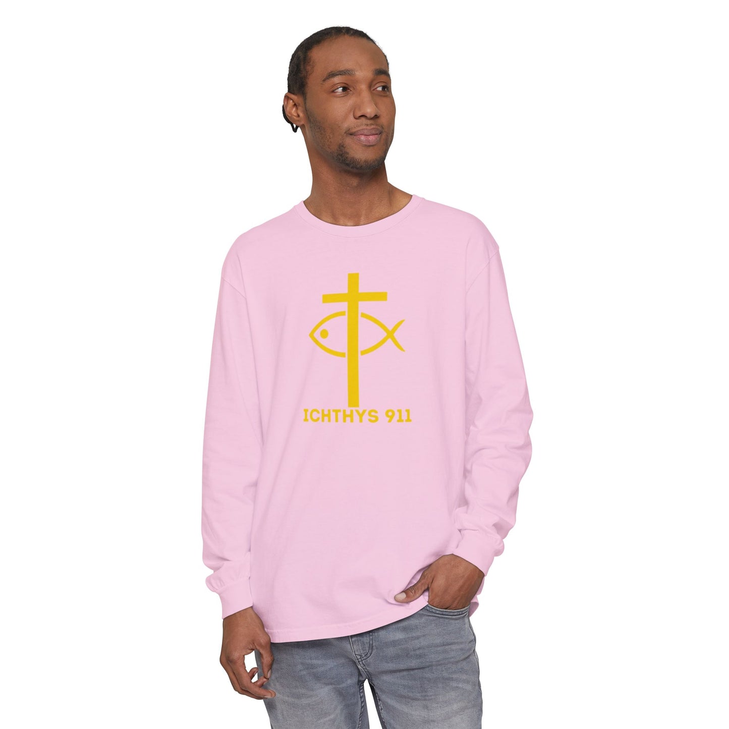 Authentic ICHTHYS 911 Collection -  Gold Font - Unisex Garment Dyed Long Sleeve T-Shirt - Men Long Sleeve - Women Long Sleeve - Christian Faith Symbol Tee - Faith Inspired