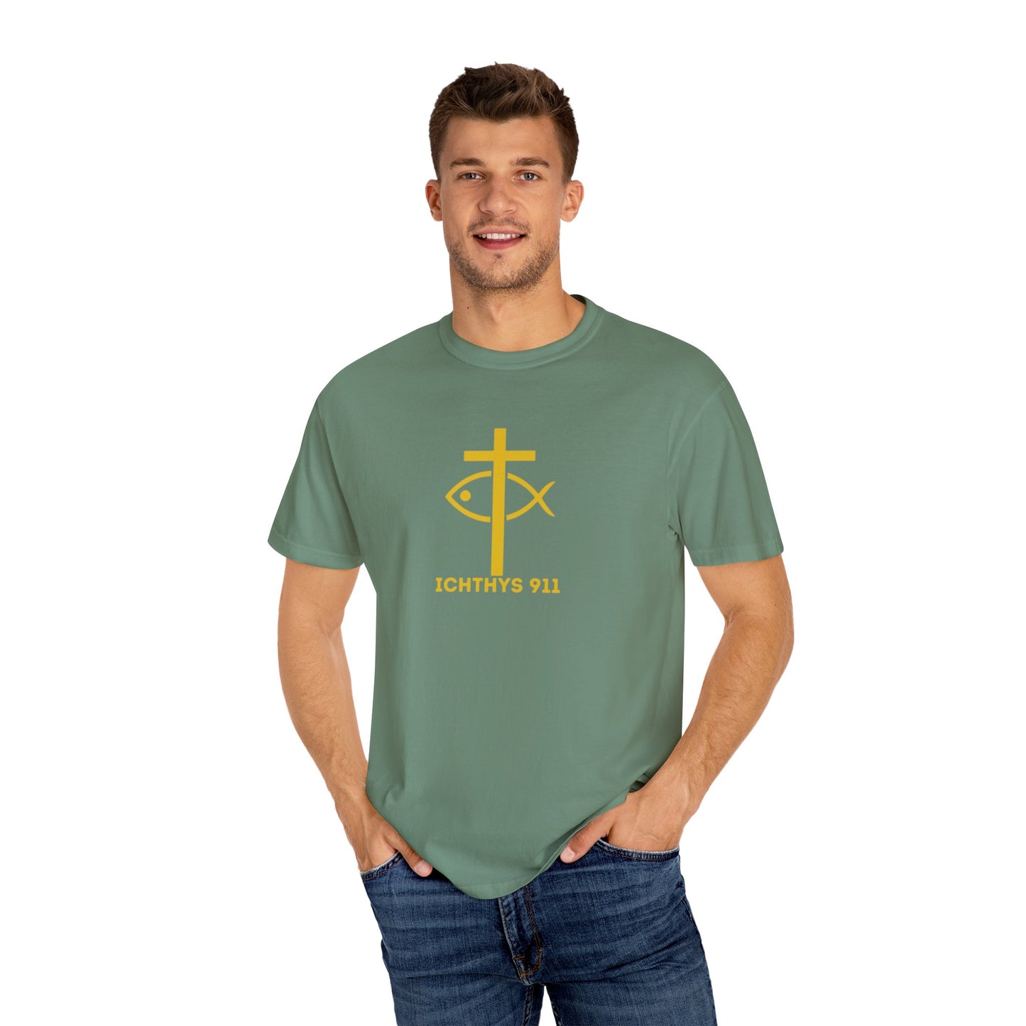 "Jesus Christ Son of God Savior" - Gold Font - Unisex Garment Dyed T- Shirt - Men T-Shirt - Women T-Shirt - Christian Streetwear T-Shirt – Jesus Gym & Faith Fashion,ICHTHYS 911 -