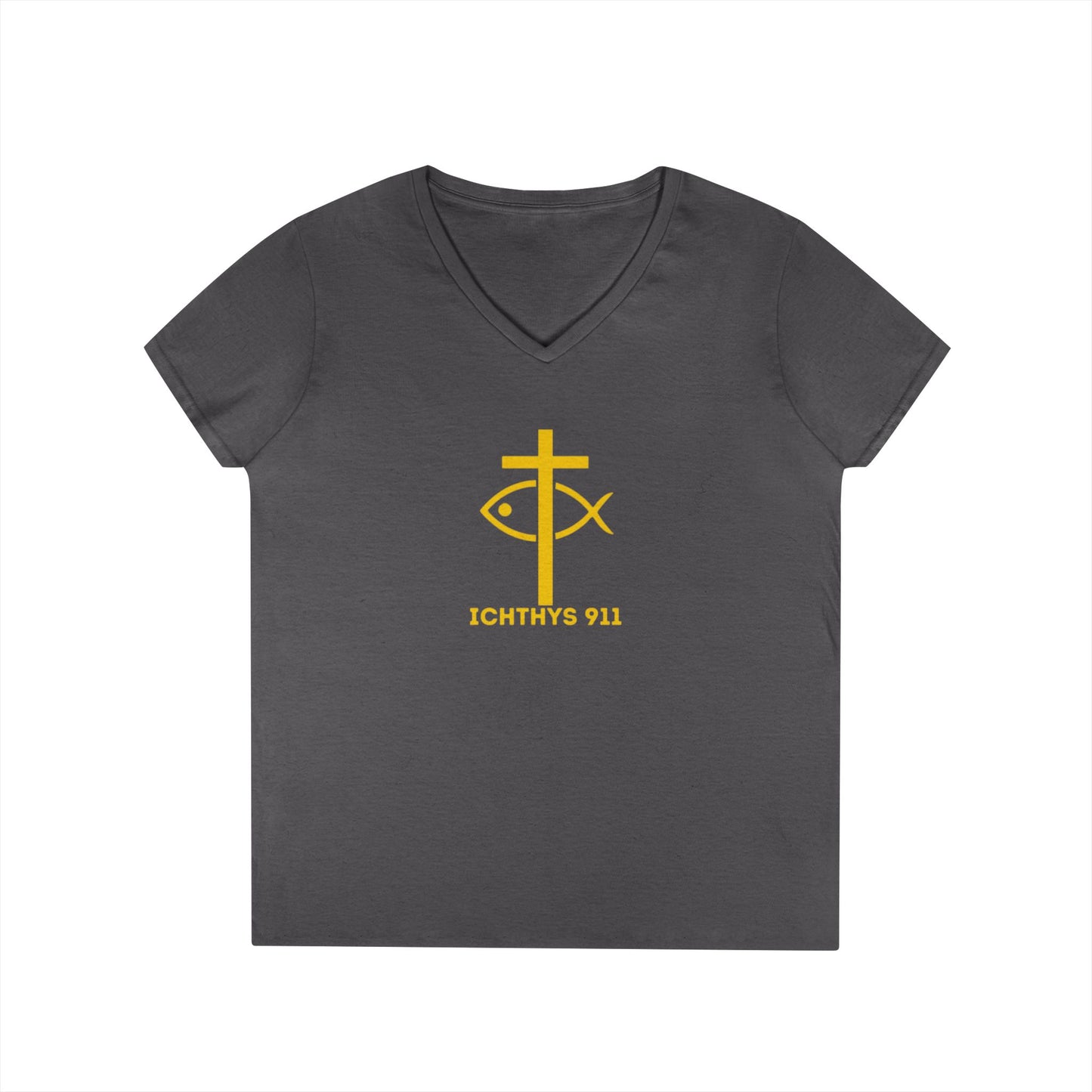 God Sees The Heart Gold Font Women’s Faith-Inspired V-Neck T-Shirt - ICHTHYS 911 Design911 Design