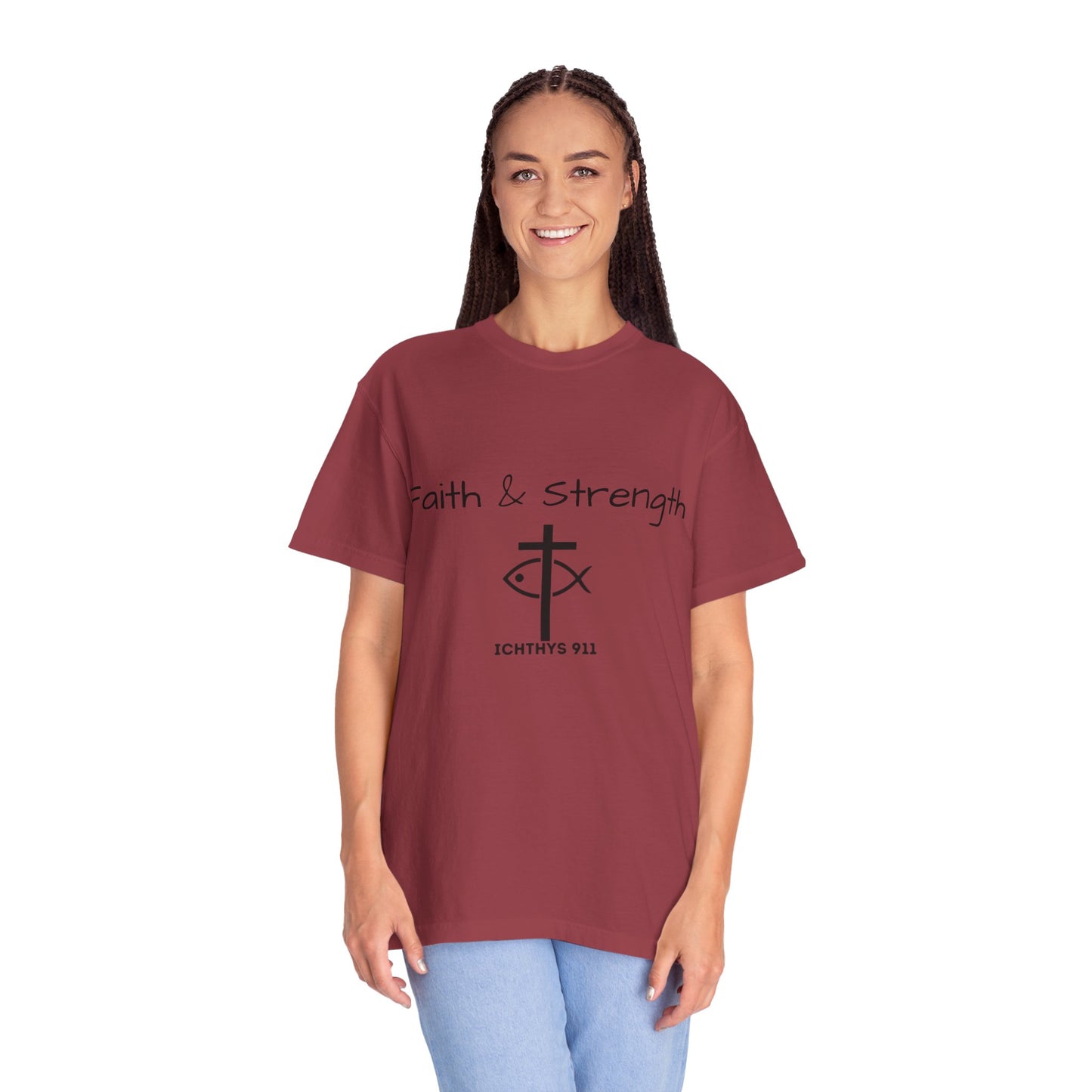 ICHTHYS 911 "Faith & Strength" Reverse - Black Font - Unisex Garment -Dyed Tee - 100% US Cotton - Men T-Shirt - Women T-Shirt - Inspirational Christian Shirt - Very Good Quality and Feel