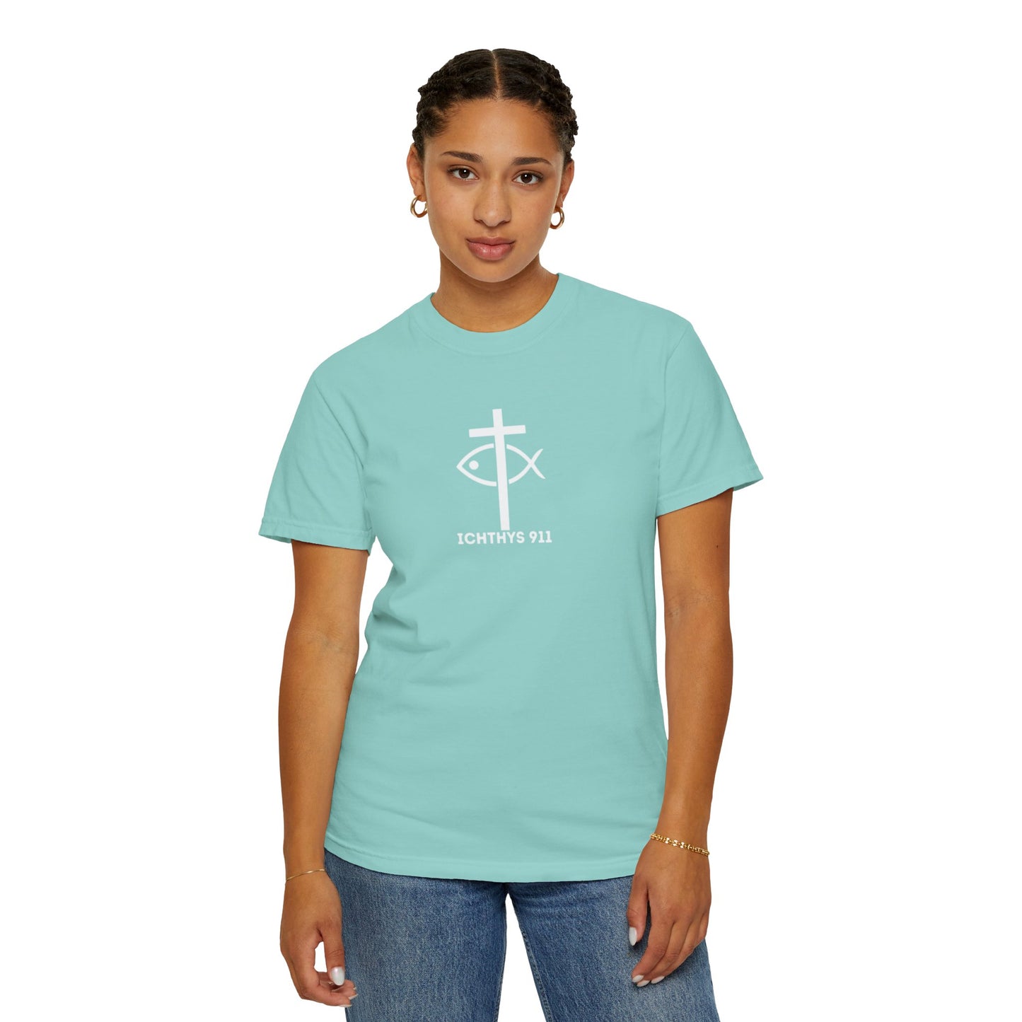 ICHTHYS 911 -  "God Sees the Heart" - White Font - Unisex Garment - Dyed T-Shirt - Inspirational Graphic T-Shirt for Everyday Motivation - 100% US cotton