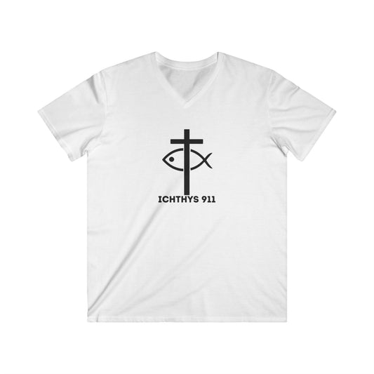 Authentic Collection -Black Font - Men's Fitted V-Neck Short Sleeve T - Shirt - Faith-Inspired featuring Christian Faith - ICHTHYS 911 - Christian Fashion - Faith Fashion