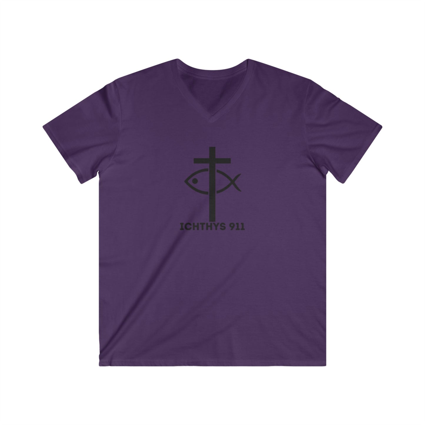 Authentic Collection -Black Font - Men's Fitted V-Neck Short Sleeve T - Shirt - Faith-Inspired featuring Christian Faith - ICHTHYS 911 - Christian Fashion - Faith Fashion