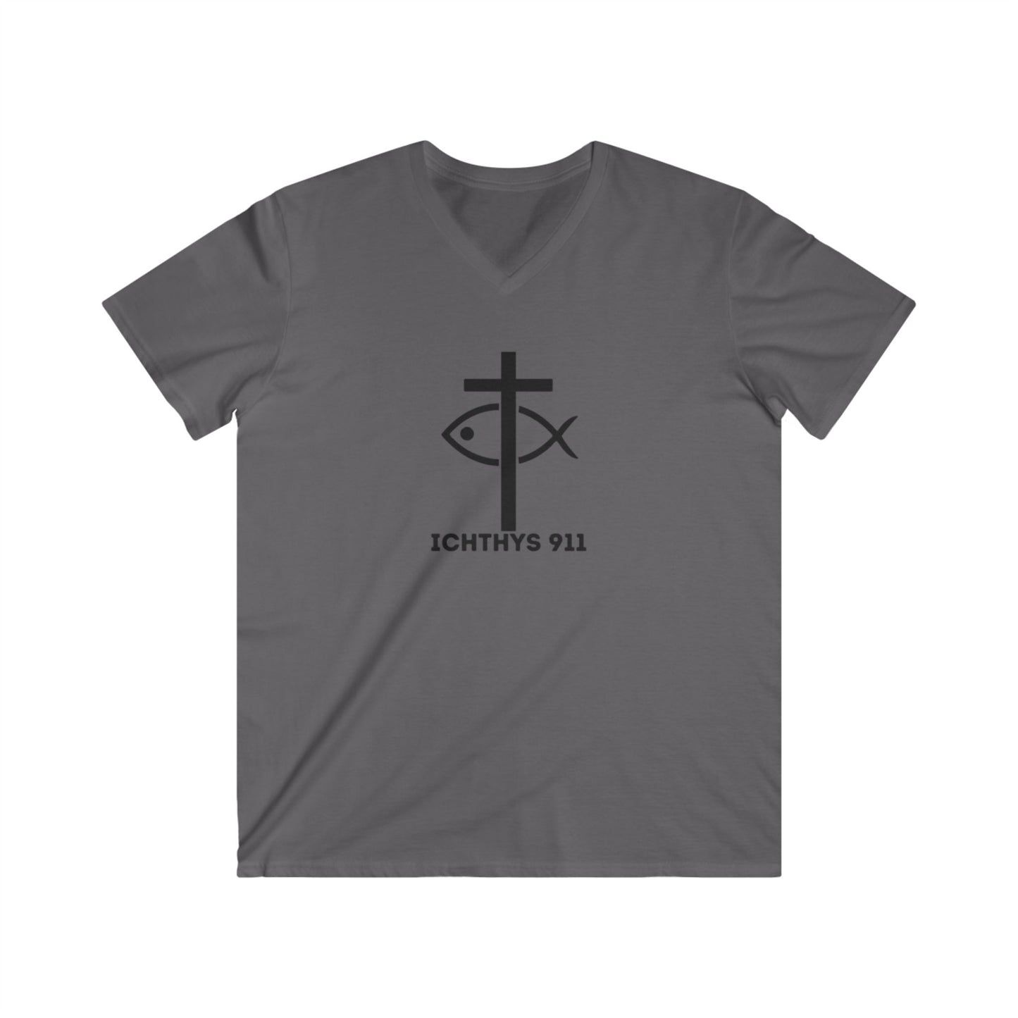 Authentic Collection -Black Font - Men's Fitted V-Neck Short Sleeve T - Shirt - Faith-Inspired featuring Christian Faith - ICHTHYS 911 - Christian Fashion - Faith Fashion