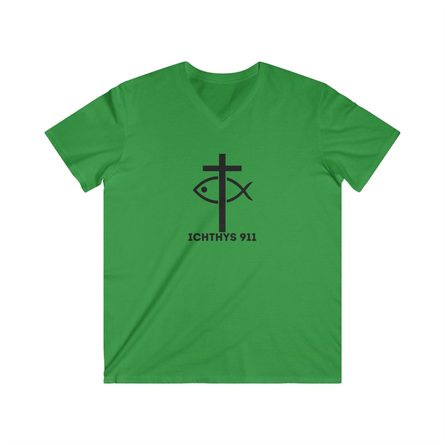 Authentic Collection -Black Font - Men's Fitted V-Neck Short Sleeve T - Shirt - Faith-Inspired featuring Christian Faith - ICHTHYS 911 - Christian Fashion - Faith Fashion
