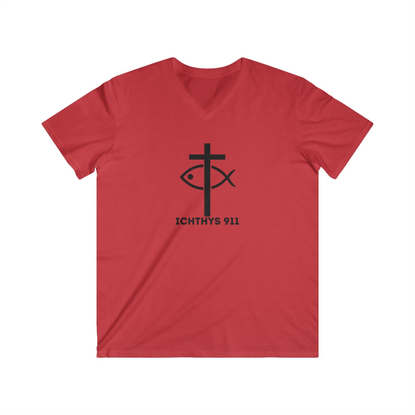 Authentic Collection -Black Font - Men's Fitted V-Neck Short Sleeve T - Shirt - Faith-Inspired featuring Christian Faith - ICHTHYS 911 - Christian Fashion - Faith Fashion