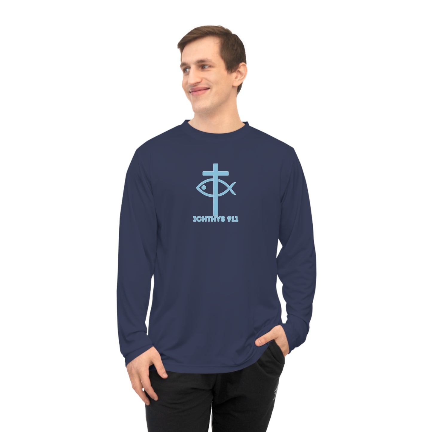 ICHTHYS 911 - Blue Font "13th Disciple" Unisex Performance Long Sleeve Shirt - 100% Moisture-Wicking Polyester - Men - Women - Christian Activewear Blue Font