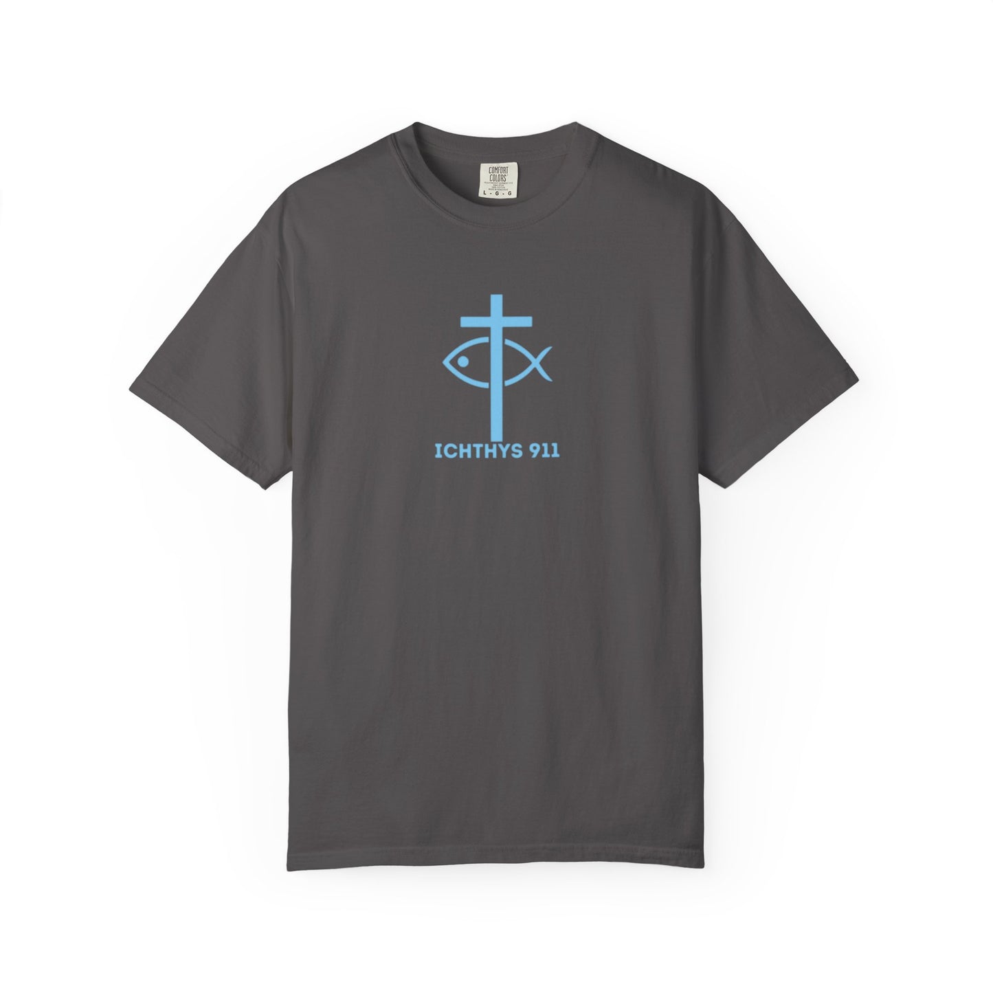 ICHTHYS 911 - Blue Font "Iēsous Christos, Theou Yios, Sōtēr" - Garment-Dyed - 100% US Cotton - Unisex T-Shirt - Men T-Shirt - Women T-Shirt - Christian Symbol - Greek - Faith Inspired -Christian Streetwear – Jesus Gym & Faith Fashion, Unisex Garment