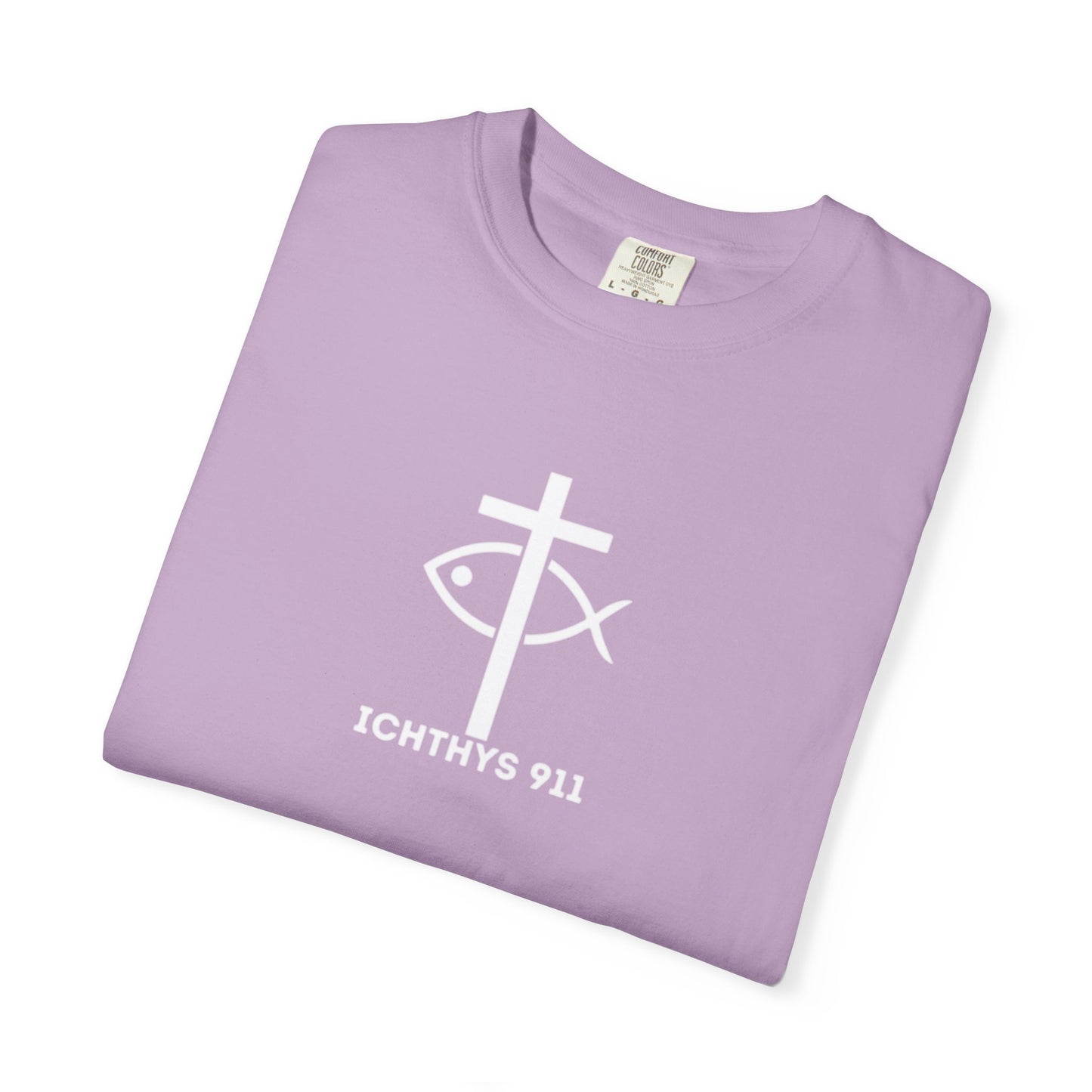 ICHTHYS 911 - White Font "Faith, Hope, & Love" - Garment Dyed - 100% US Cotton - Unisex T-Shirt - Men T-Shirt - Christian Women Tee - Faith-Inspired Shirt - Christian Fashion - Wear Your