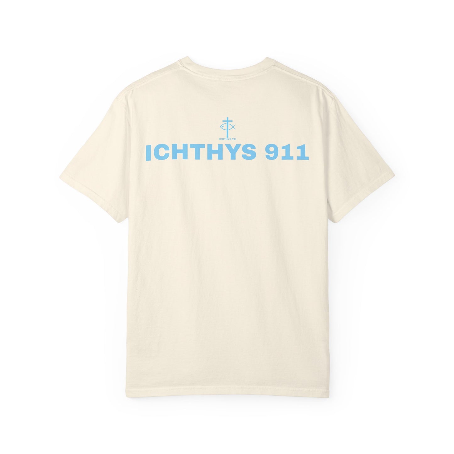 Authentic - Christian Streetwear T-Shirt – Jesus Gym & Faith Fashion, Unisex Garment-Dyed T-Shirt Blue Font - ICHTHYS 911