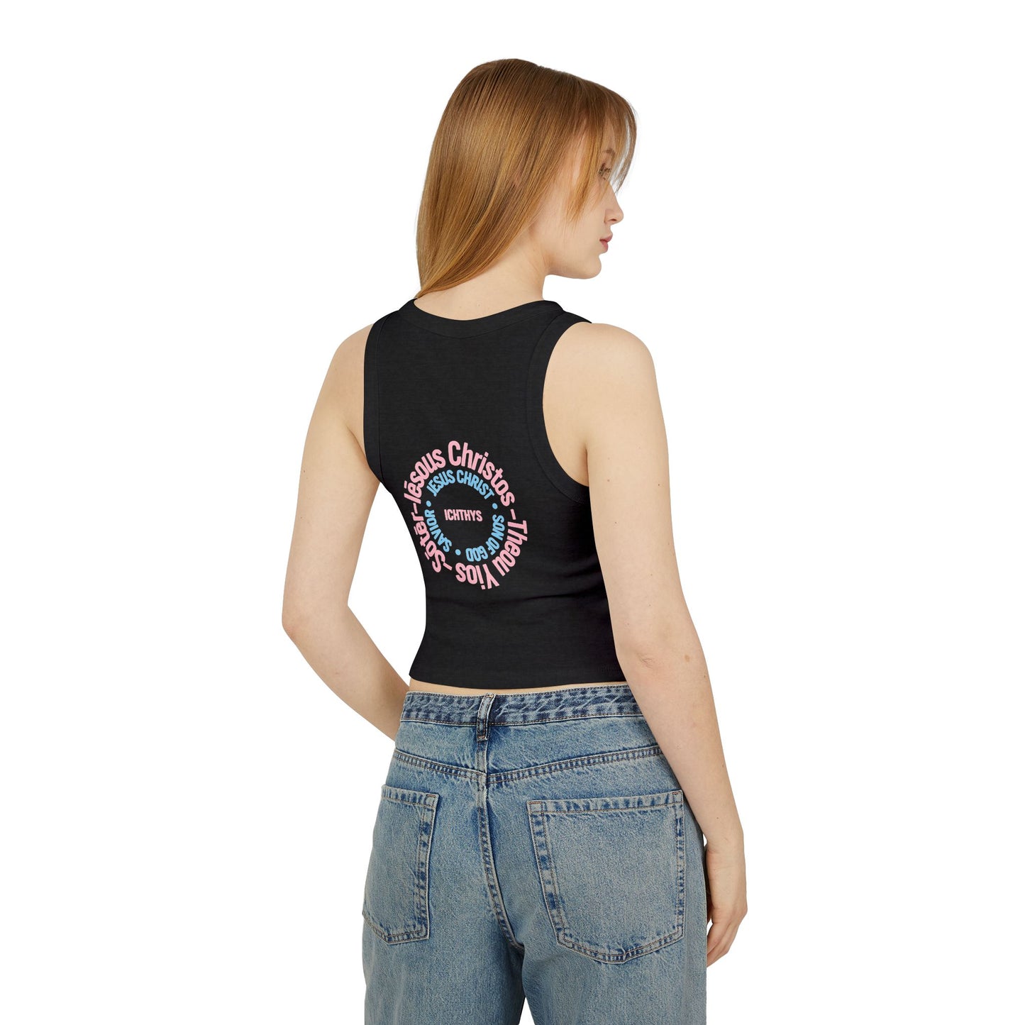 ICHTHYS 911 - Pink & Black Font "Iēsous Christos, Theou Yios, Sōtēr" - Faith-Inspired Women's Micro Rib Racer Tank Top - Cute Jesus Christ Design - Women Tank - Christian - Work Out