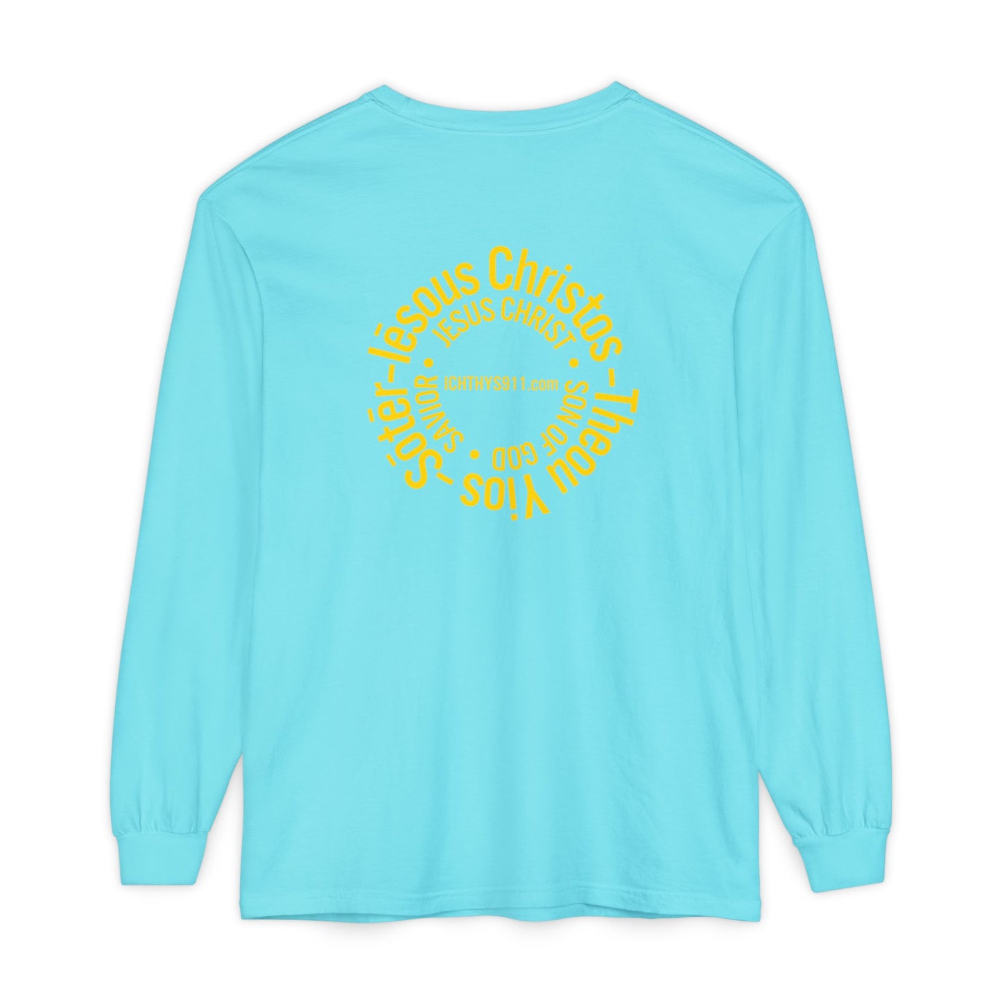 Authentic ICHTHYS 911 Collection -  Gold Font - Unisex Garment Dyed Long Sleeve T-Shirt - Men Long Sleeve - Women Long Sleeve - Christian Faith Symbol Tee - Faith Inspired