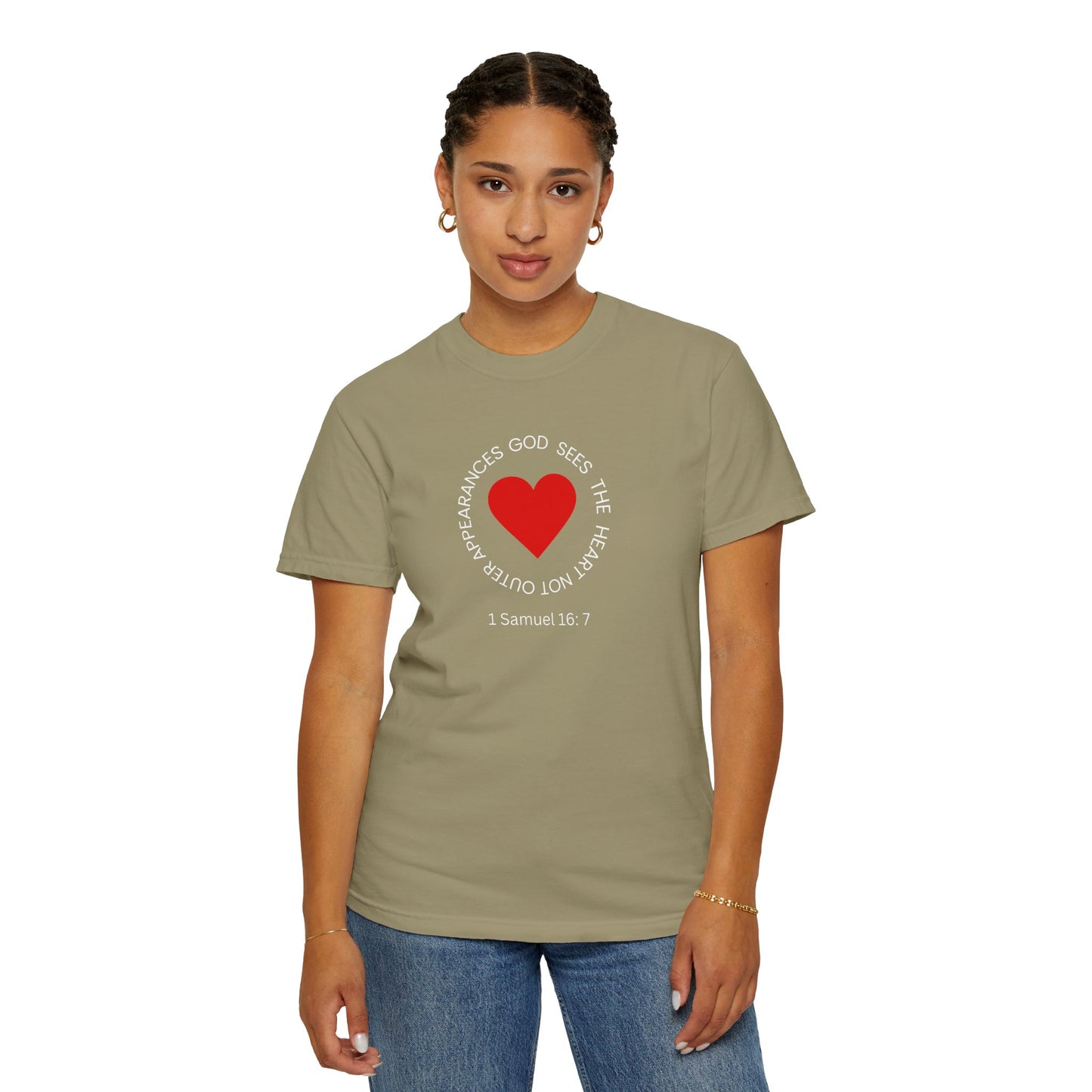 ICHTHYS 911 - "God Sees the Heart" Reverse Design - White Font - Unisex Garment - Dyed T-Shirt - 100% US Cotton - Men T-Shirt - Women T-Shirt - Inspirational Graphic T-Shirt for Everyday Motivation