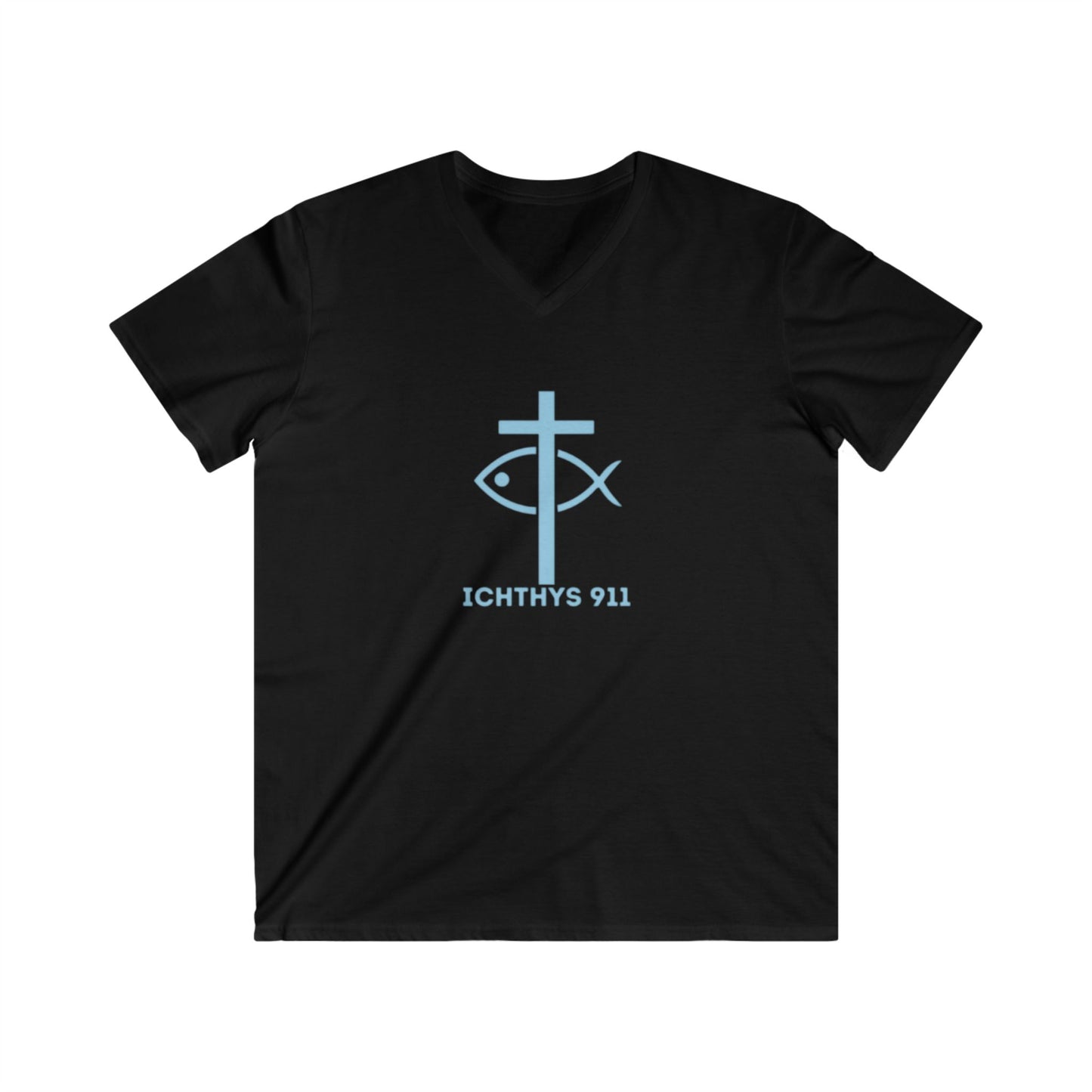 “Iēsous Christos, Theou Yios, Sōtēr" - Collection - Blue Font - Men's Fitted V-Neck Short Sleeve T - Shirt - Faith-Inspired - Christian Faith - ICHTHYS 911