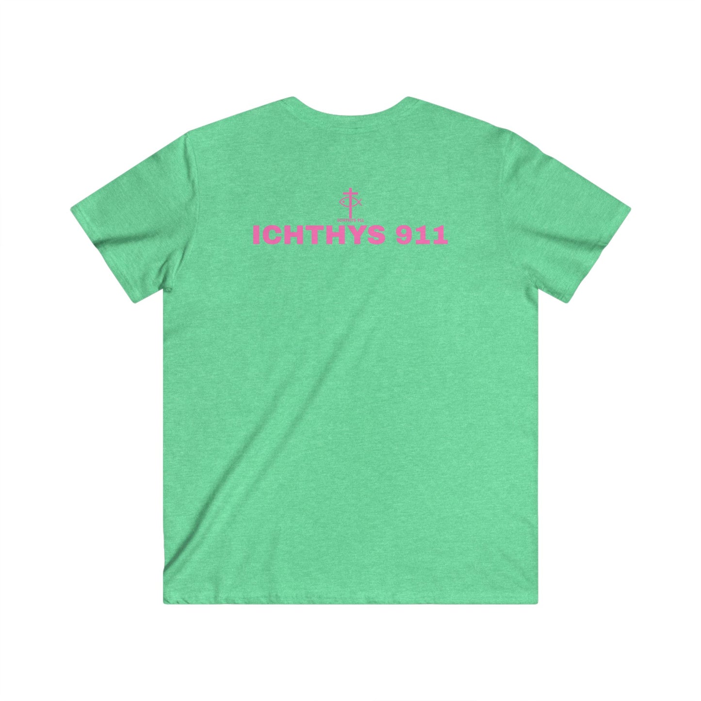 Authentic Collection - Men's Fitted V-Neck Short Sleeve T - Shirt - Faith-Inspired - Christian Faith - Pink Font - ICHTHYS 911