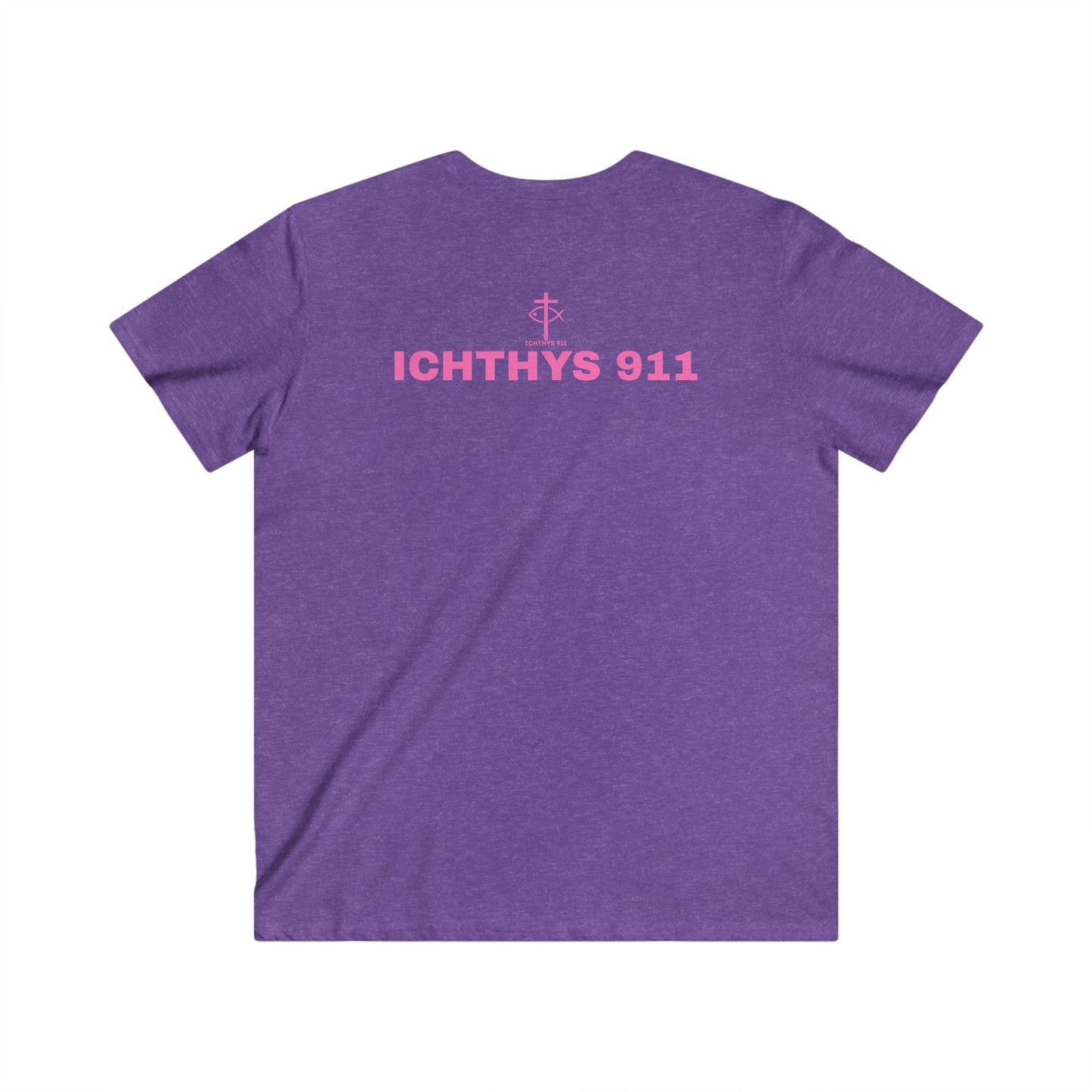 Authentic Collection - Men's Fitted V-Neck Short Sleeve T - Shirt - Faith-Inspired - Christian Faith - Pink Font - ICHTHYS 911