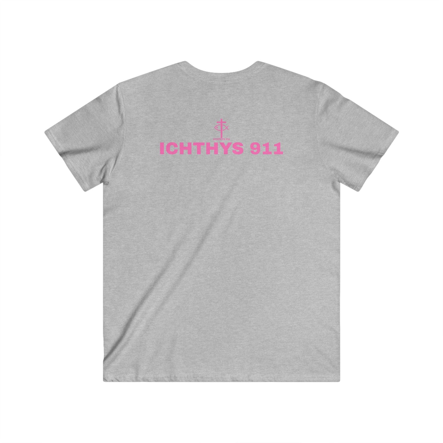 Authentic Collection - Men's Fitted V-Neck Short Sleeve T - Shirt - Faith-Inspired - Christian Faith - Pink Font - ICHTHYS 911