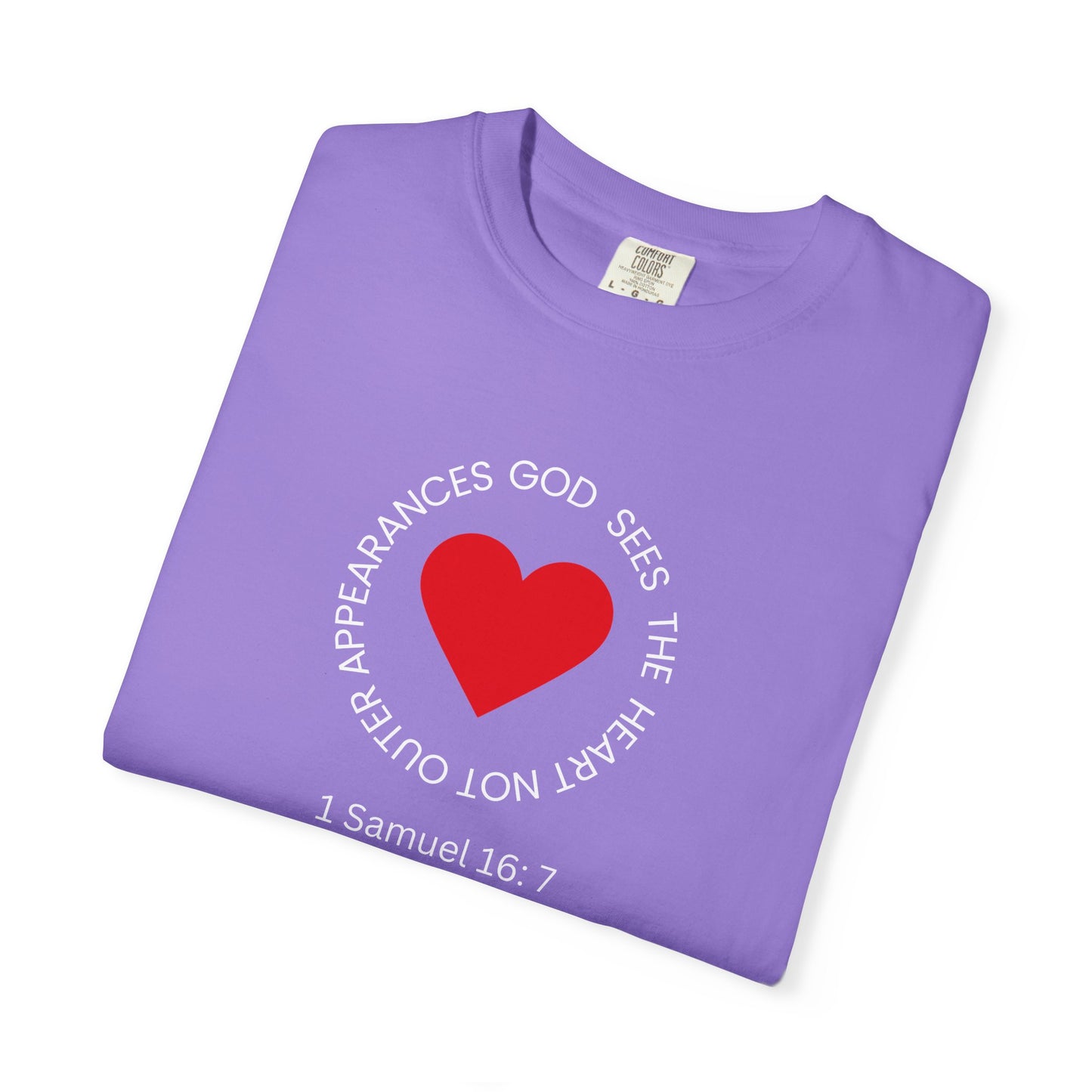 ICHTHYS 911 - "God Sees the Heart" Reverse Design - White Font - Unisex Garment - Dyed T-Shirt - 100% US Cotton - Men T-Shirt - Women T-Shirt - Inspirational Graphic T-Shirt for Everyday Motivation