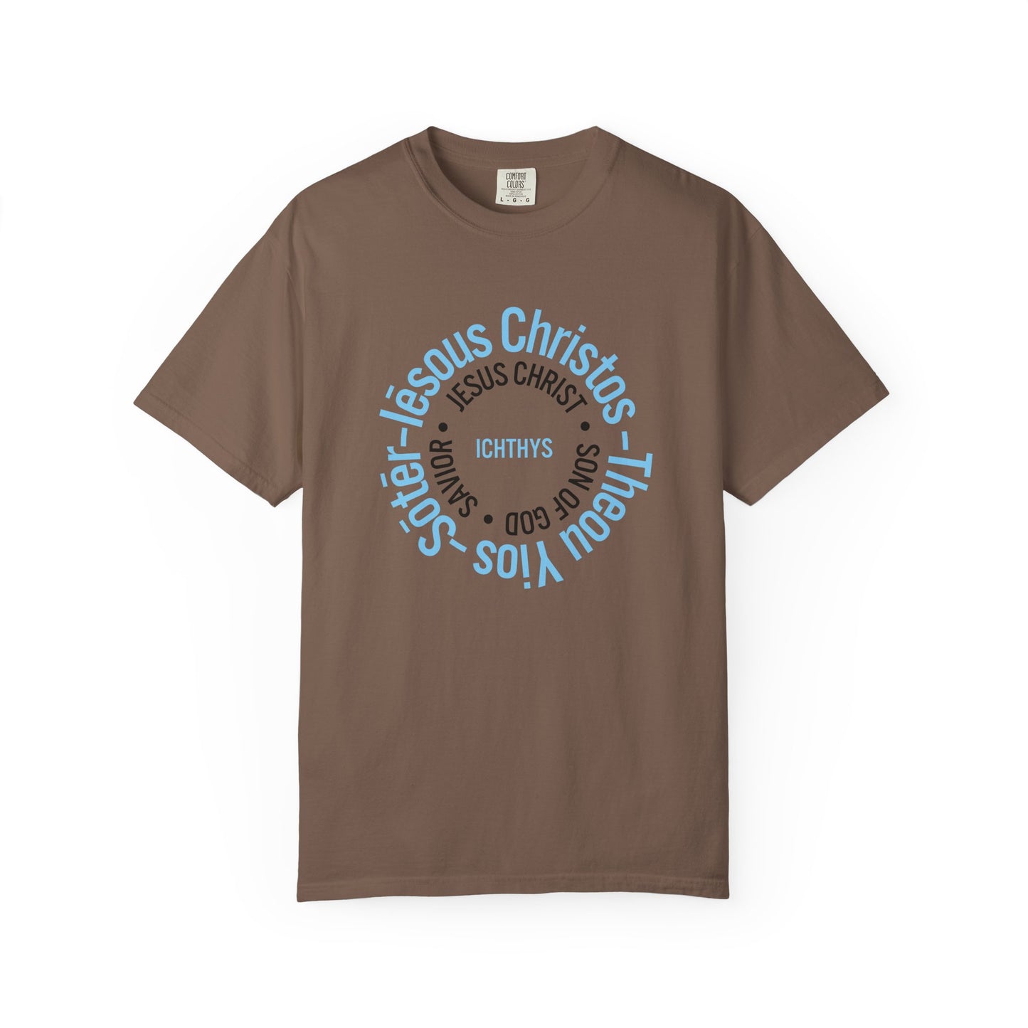 ICHTHYS 911 Blue & Black Font "Iēsous Christos, Theou Yios, Sōtēr" - Collection - Reverse Design - Unisex Garment Dyed - 100% US Cotton - Christian Graphic Tee - Gym - T - Christian Faith - Jesus Wear - Women T-Shirt - Men T-Shirt