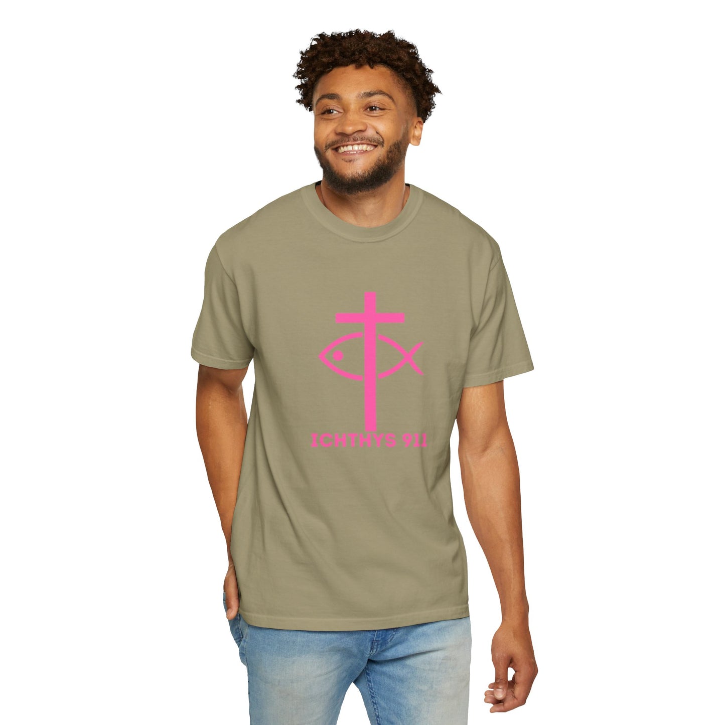ICHTHYS 911 - Authentic - W/O IC 911 on Back Christian Streetwear T-Shirt – Jesus Gym & Faith Fashion, Unisex Garment-Dyed T-Shirt Hot Pink Font