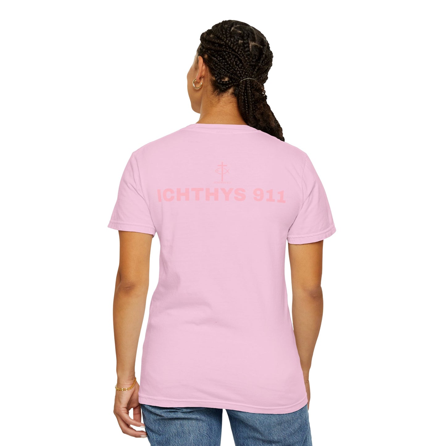 ICHTHYS 911 - Authentic - Christian Streetwear T-Shirt / Sweatshirt – Jesus Gym & Faith Fashion, Unisex Garment-Dyed T-Shirt Soft Pink Font