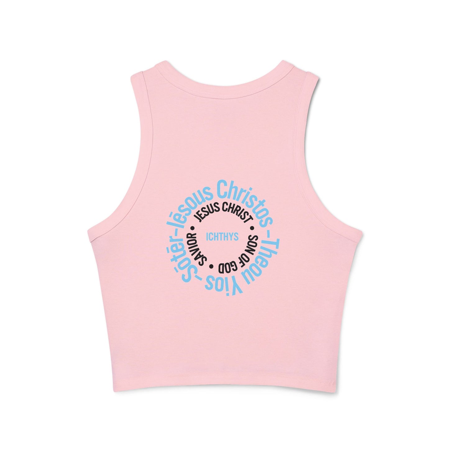 ICHTHYS 911 - Pink & Black Font "Iēsous Christos, Theou Yios, Sōtēr" - Faith-Inspired Women's Micro Rib Racer Tank Top - Cute Jesus Christ Design - Women Tank - Christian - Work Out