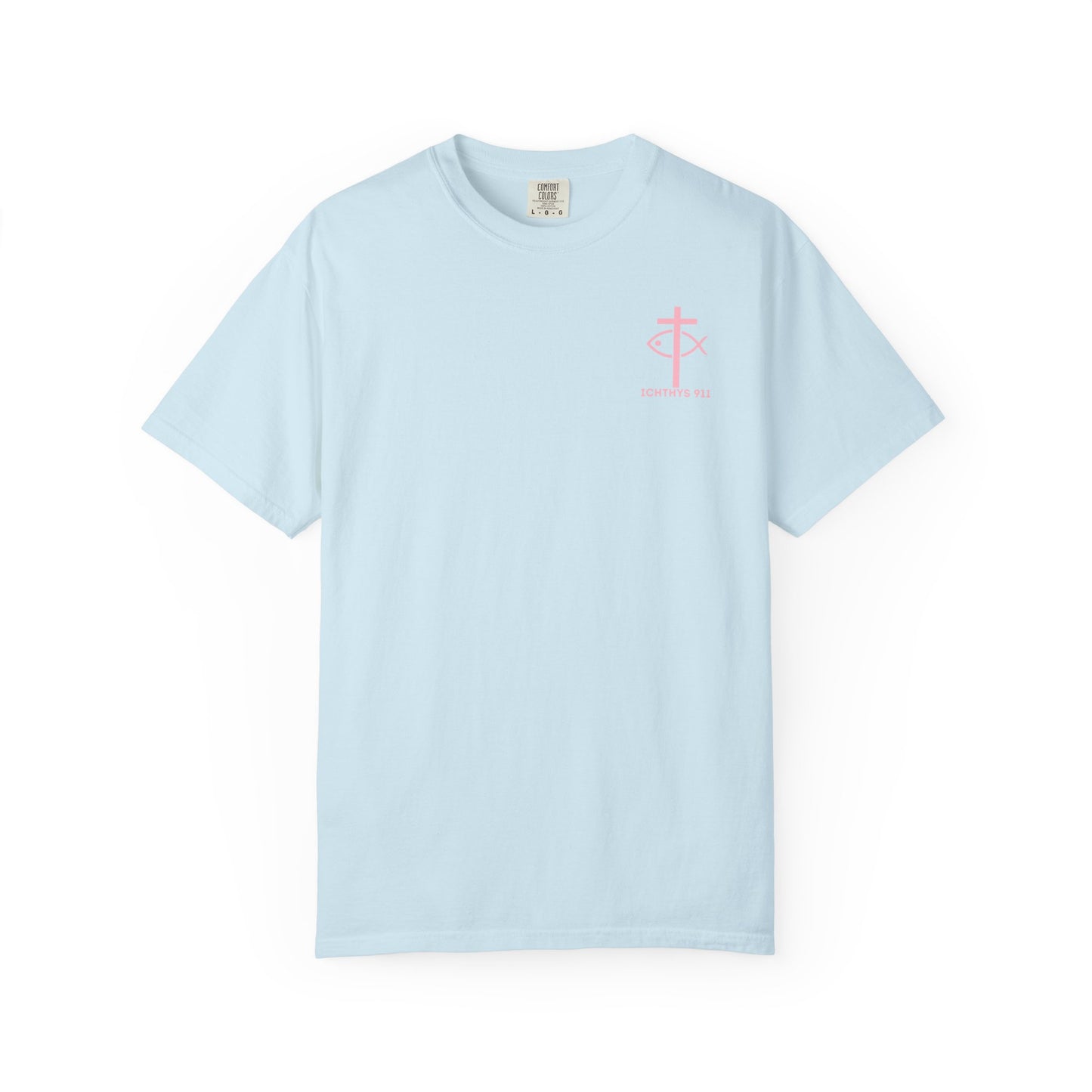ICHTHYS 911 Pink Font "Badge Collection" - Unisex Garment Dyed T-Shirt 100% US Cotton - Christian Graphic Tee - Gym - T - Christian Faith - Jesus Wear - Women T-Shirt - Men T-Shirt - Garment Dyed