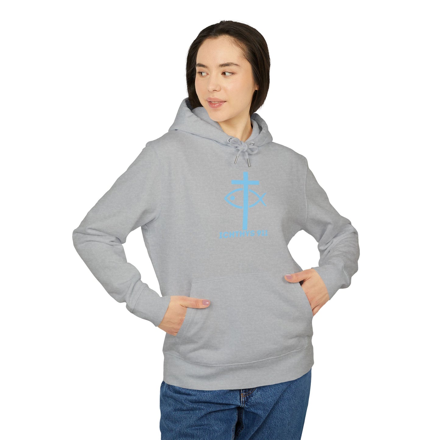 Iēsous Christos, Theou Yios, Sōtēr = Jesus Christ, Son of God, Savior - Unisex - Blue Font - Sweatshirt - ICHTHYS 911 - Hoodie -100% Organic- Heavy