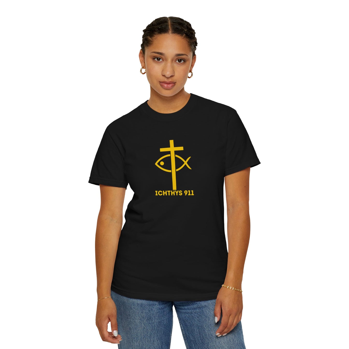ICHTHYS 911 Gold Font "Faith, Hope, & Love" - Unisex Garment Dyed T-Shirt - 100# US Cotton - Men T-Shirt - Women T-Shirt - Christian T- Shirt -Faith-Inspired Shirt - Christian Fashion - Wear Your Faith