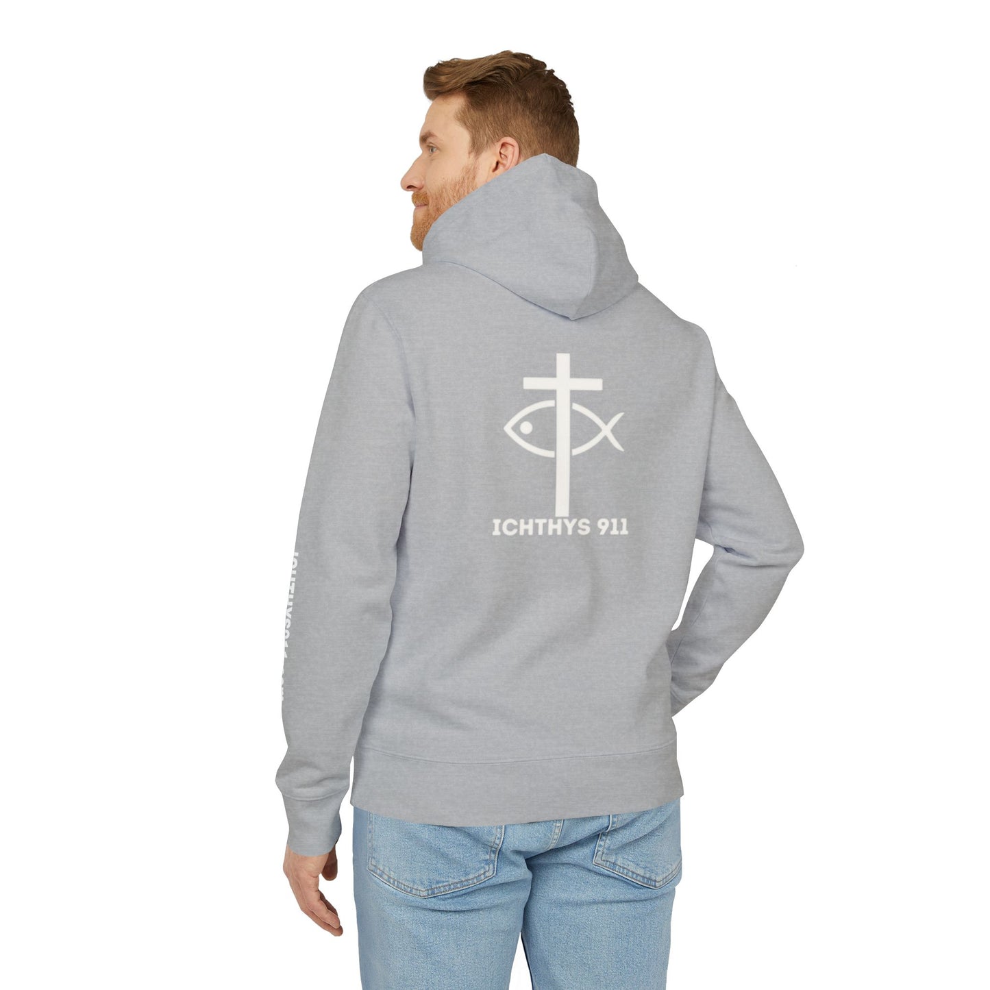 ICHTHYS 911 Hoodie – Unisex Pullover -White Font - Black Font on White - Heavy Fabric - ICHTHYS 911 Logo on Front & Back - 100% Organic