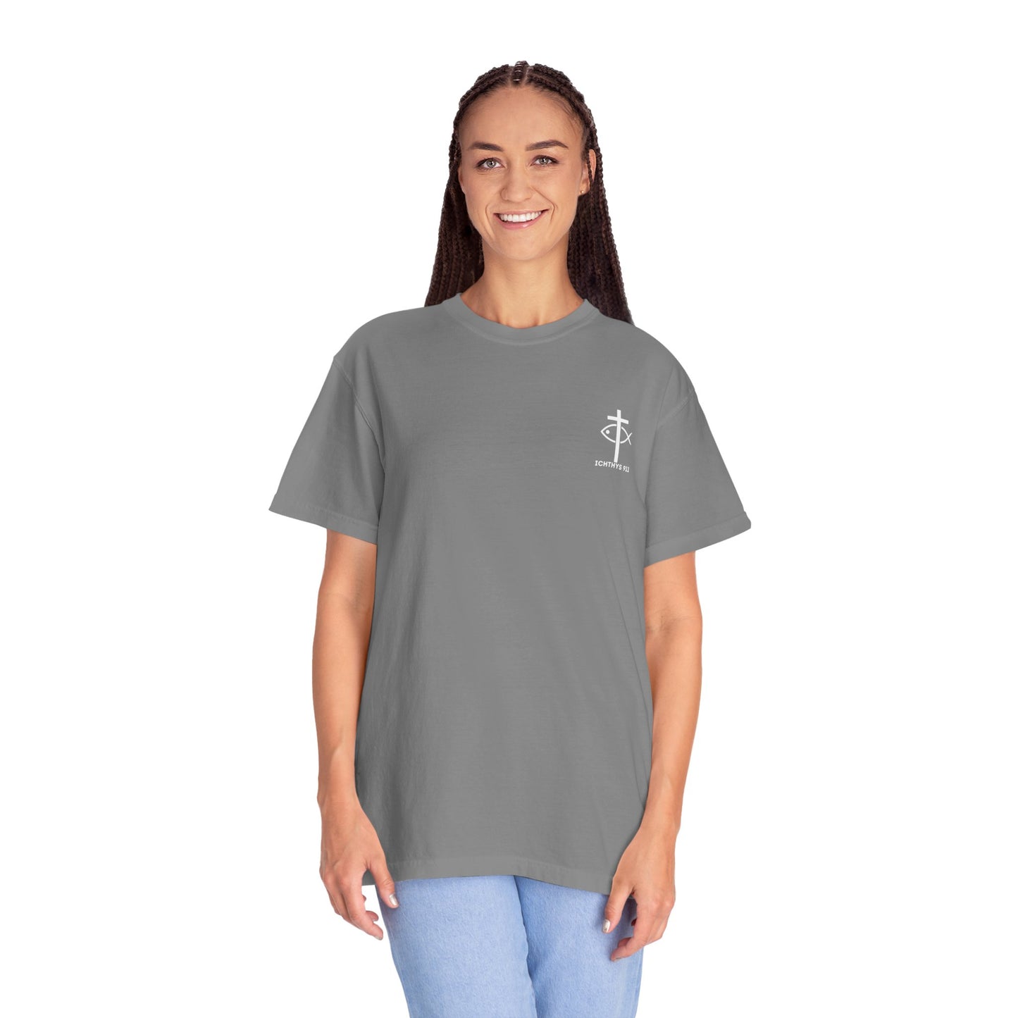 ICHTHYS 911 Badge Collection - White Font - Unisex  Garment Dyed T-Shirt - 100% US Cotton - Men T-Shirt - Women T-Shirt - Christian Graphic Tee - Gym - T - Christian Faith - Jesus Wear - White Font